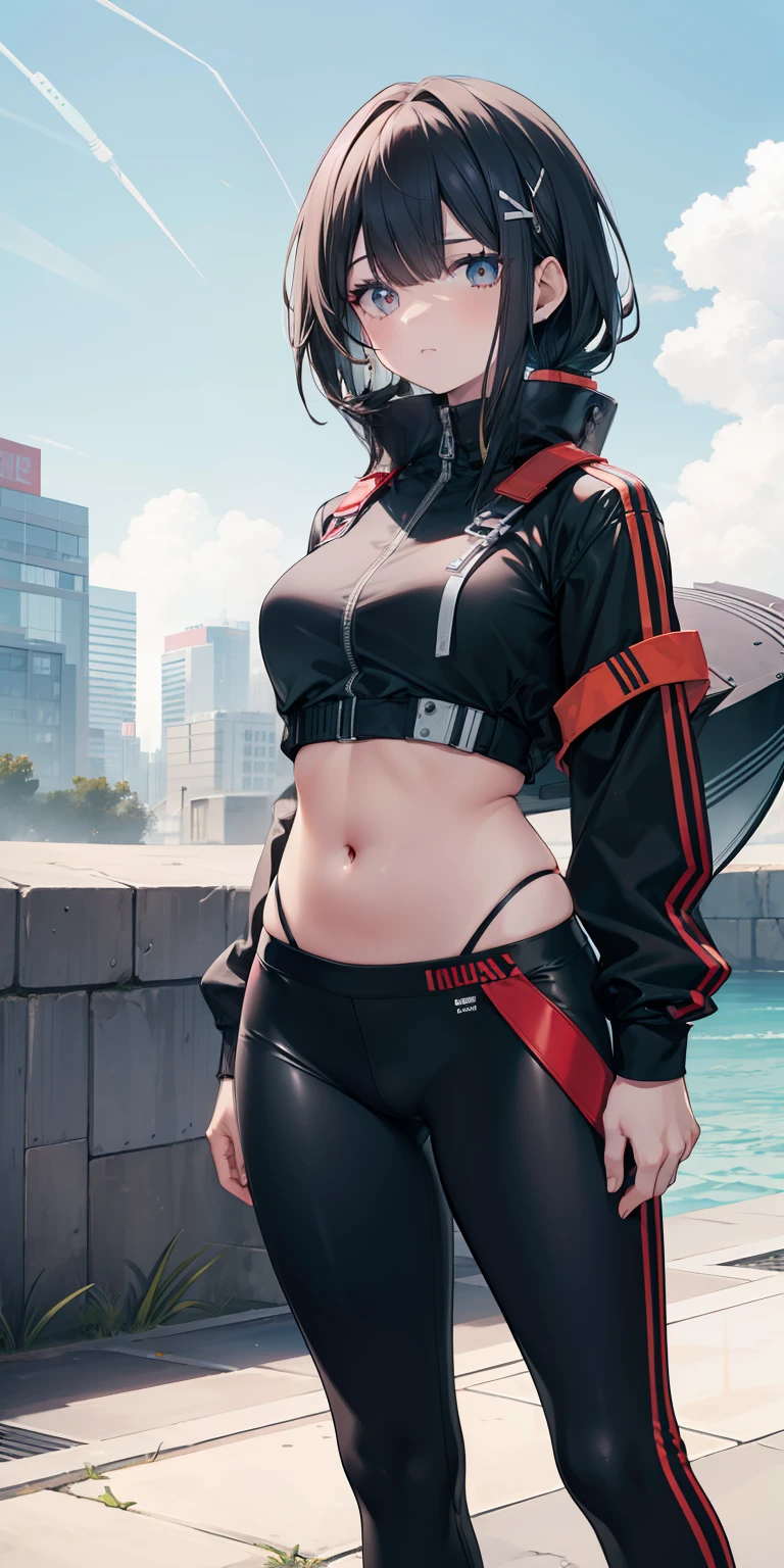 corpo bonito, rosto bonito, 3 garotas juntas, garota mais velha, cabelo VERMELHO claro, olhos, Neck strap, ombros, MOLETOM, legging pants, peito grande, barriga, cintura fina, pernas grossas, coxa grossas, random background scenario, olhando para telespectador