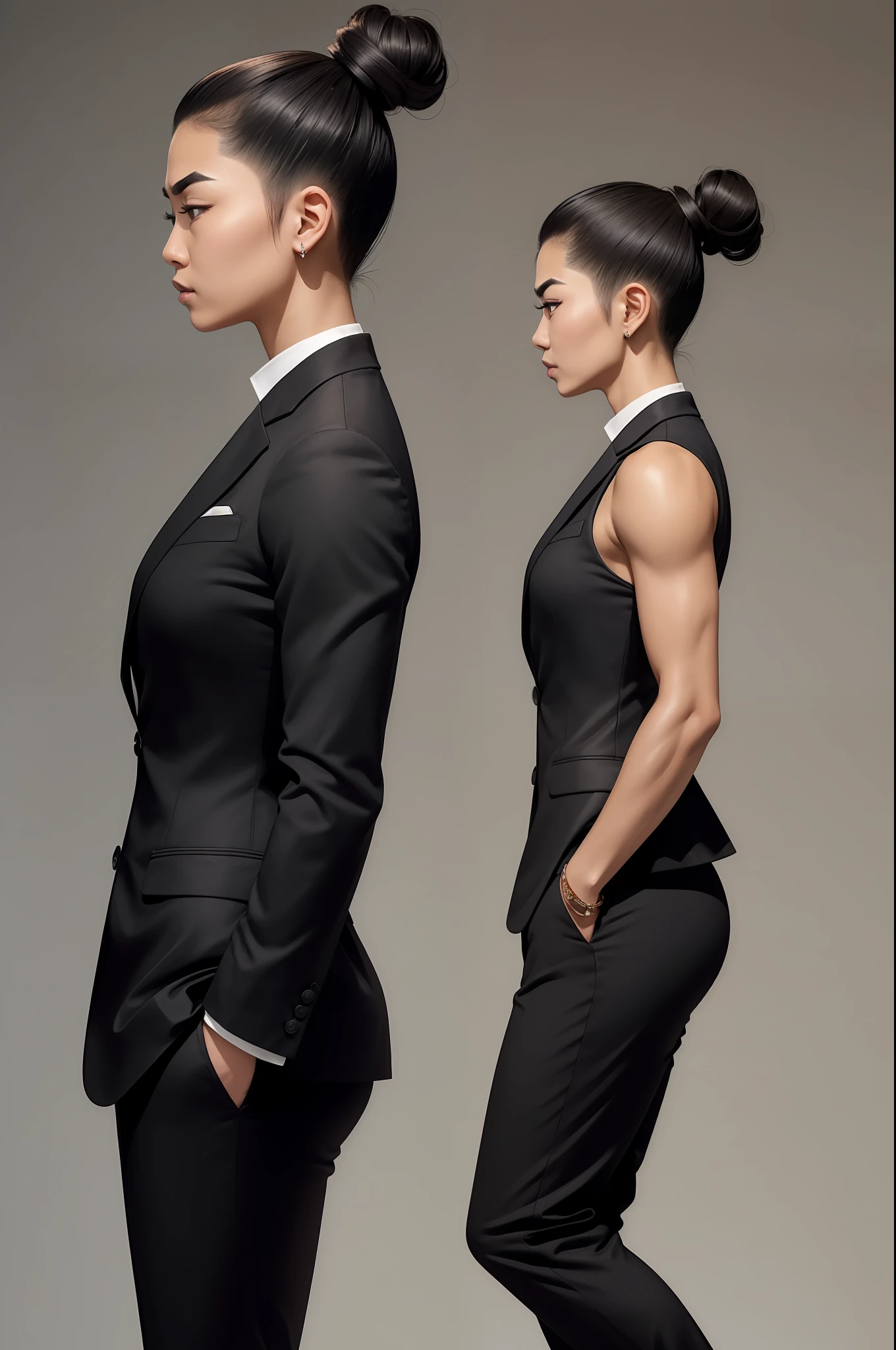 ((sideview, full body, 1 person)). an asian woman with a masculine body, nice structure, thick eyebrows, tan skin, good-looking tomboy, wearing black pants suit, topknot undercut. Looking forward.