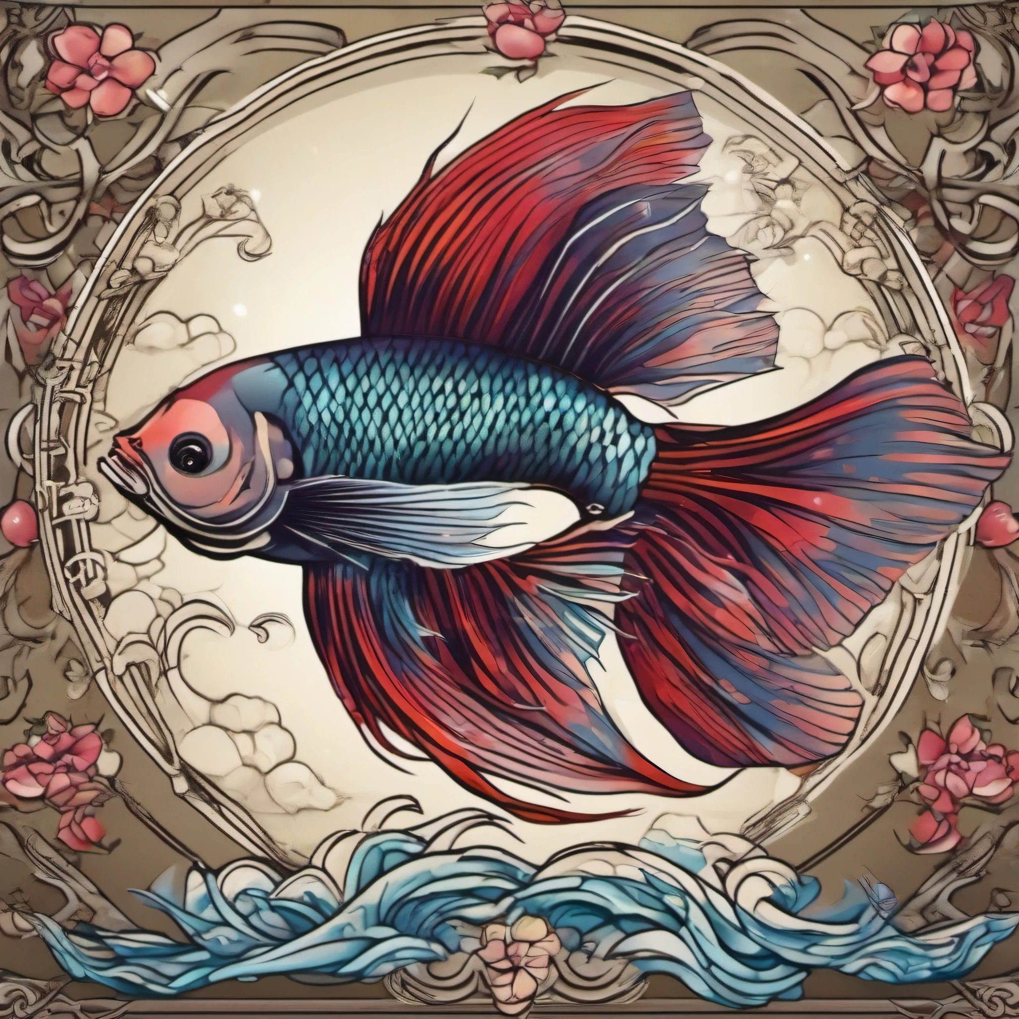 Bauhaus betta fish in Japanese mafia tattoo style.