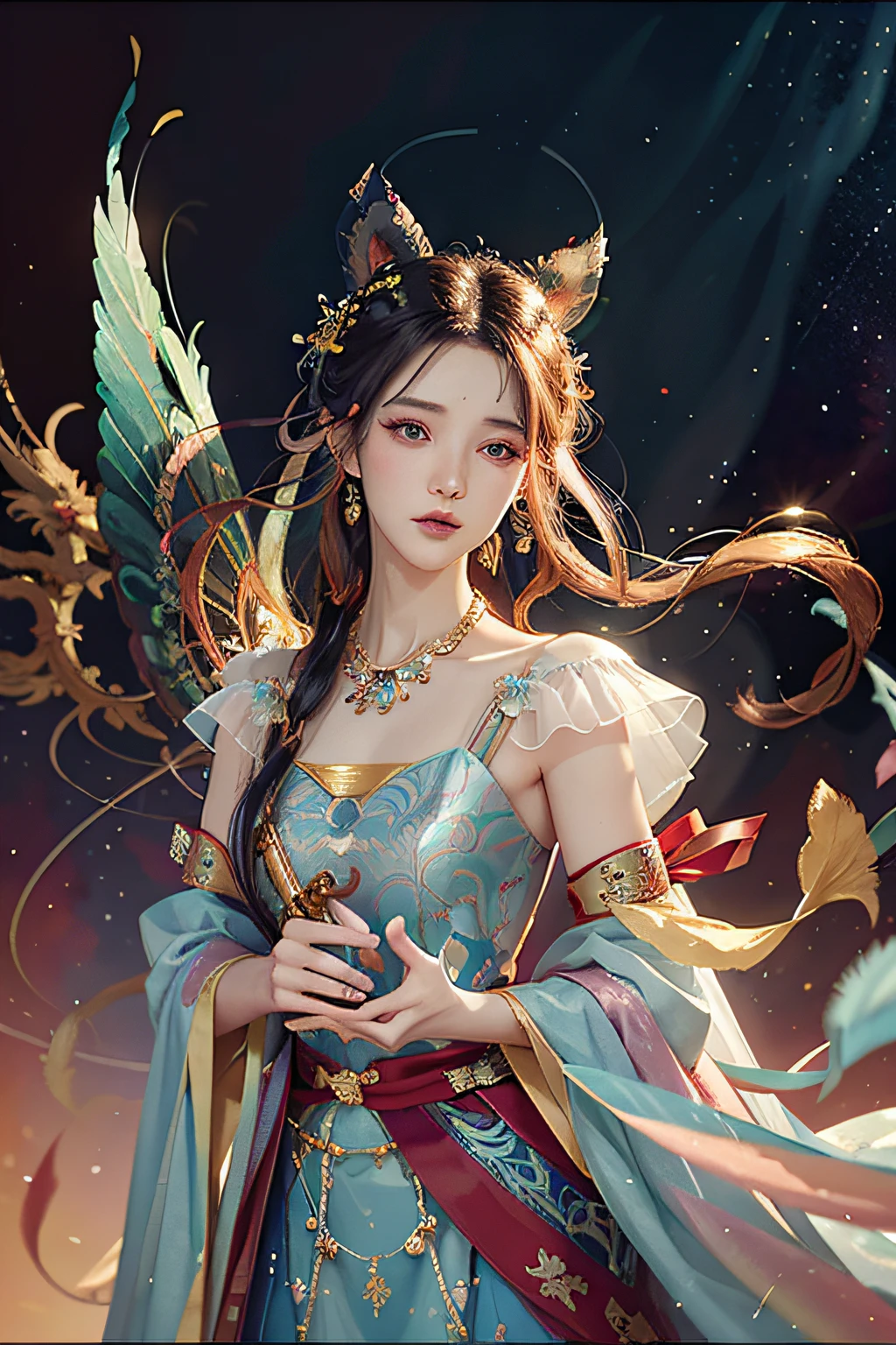 (Masterpiece, top quality, best quality, extreme detail, highest detail, official art, Beauty and Aesthetics: 1.2), Colorful, Denim Shot, Upper Body Shot, Beautiful Face, Solo, Perfect Body, On the Sky Clouds, Fairy, Flowing Streamers, Sun Rays, Clouds, Full Body, Hanfu, Chinese Clothes, White Dress, Water, Fireflies, Night, Starry Sky, Jewelry, Feathers on Dresses, Peacock Feathers, Light Particles, Volumetric Lighting, Ray Tracing (Flowing Streamers: 1.1), (Fantasy: 1.2), Illuminator, Stars, Fantasy, High Contrast, Ink Strokes, Overexposure, Purple and Red Tone Impressions, Abstract, ((Watercolor by John Berkey and Jeremy Man)) Brush Strokes,