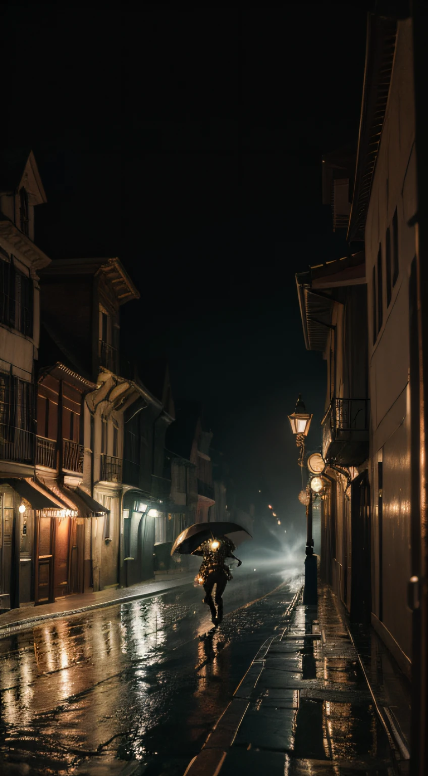 steampunk a man running on a rainy night on an old town street threatening with the haunting environment of cold dark light engulfing the scene, Frightening tears of exquisite horror ,medo, Inferno, abismo, Rugido do Diabo, Realismo, filmes, CG, master part