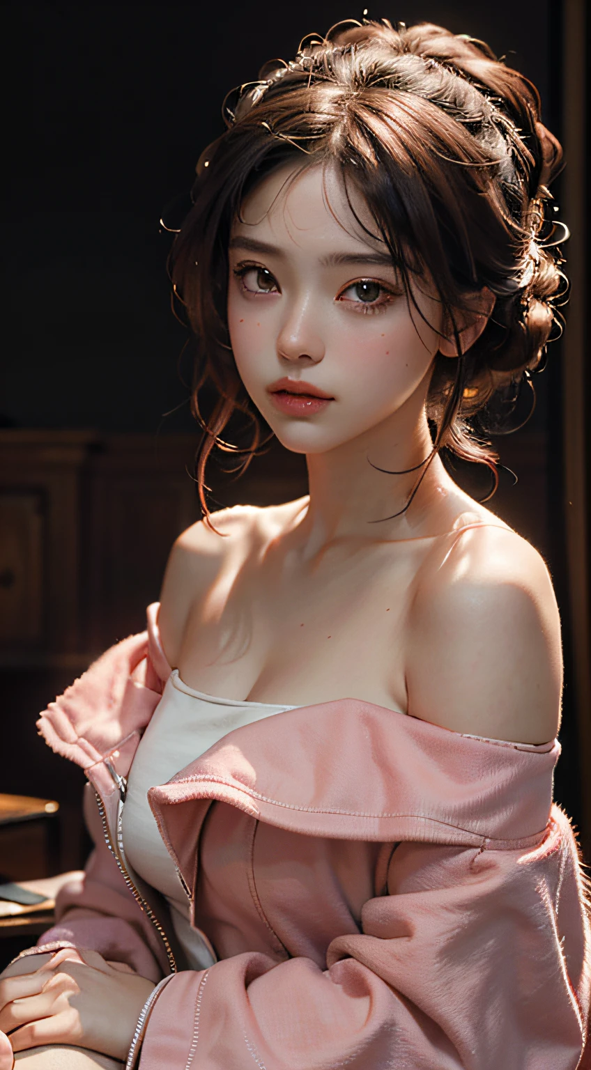 Best Quality, Masterpiece, Ultra High Resolution, (Realisticity: 1.4), Original Photo, 1girl, Pink Off-the-Shoulder, Cinematic Lighting