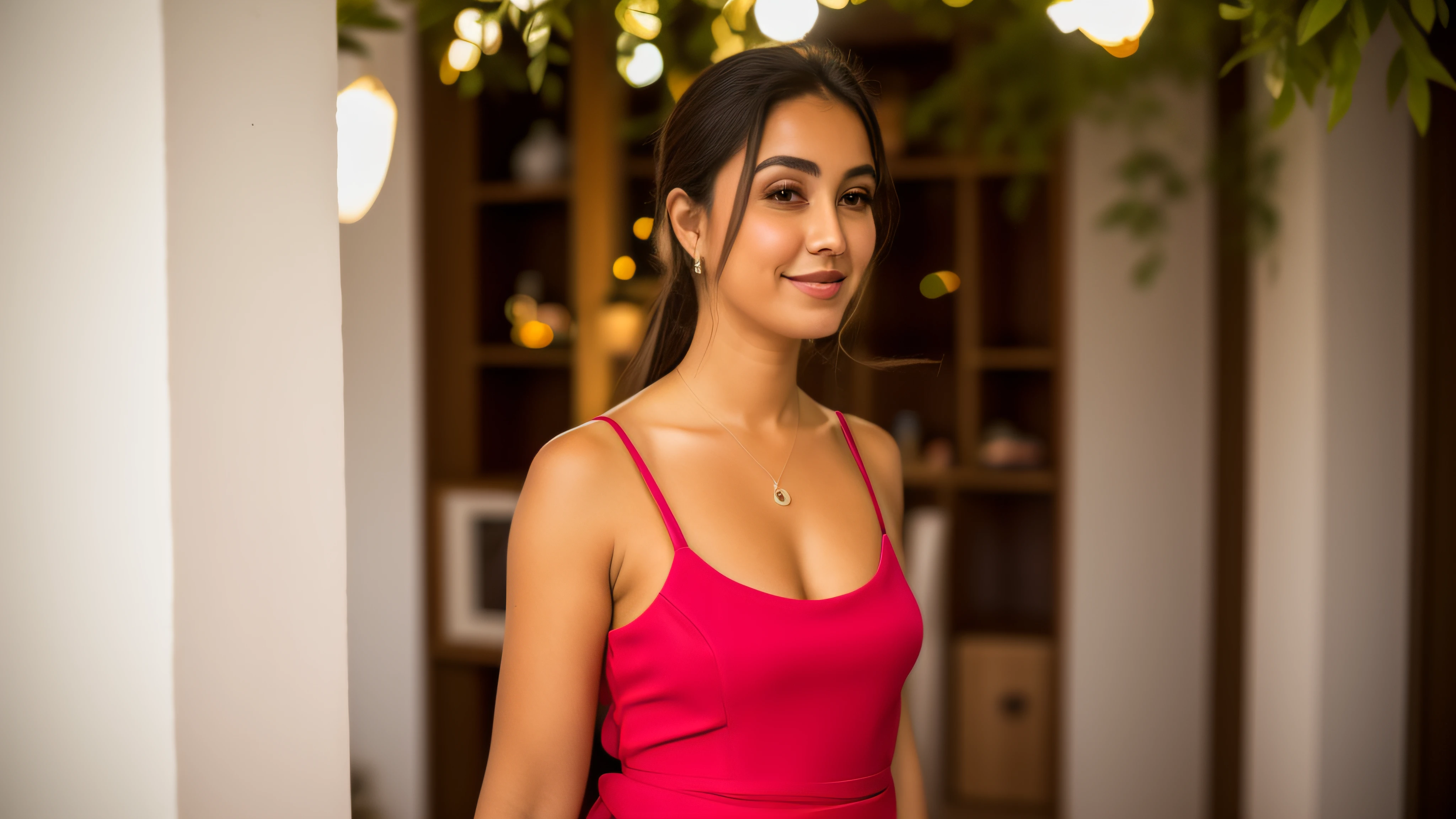 Altere a roupa dela para um vestido floral com detalhes laranjas. Mantenha todo o restante da cena. Also change her position. Deixando ela mais de frente e sorrindo.