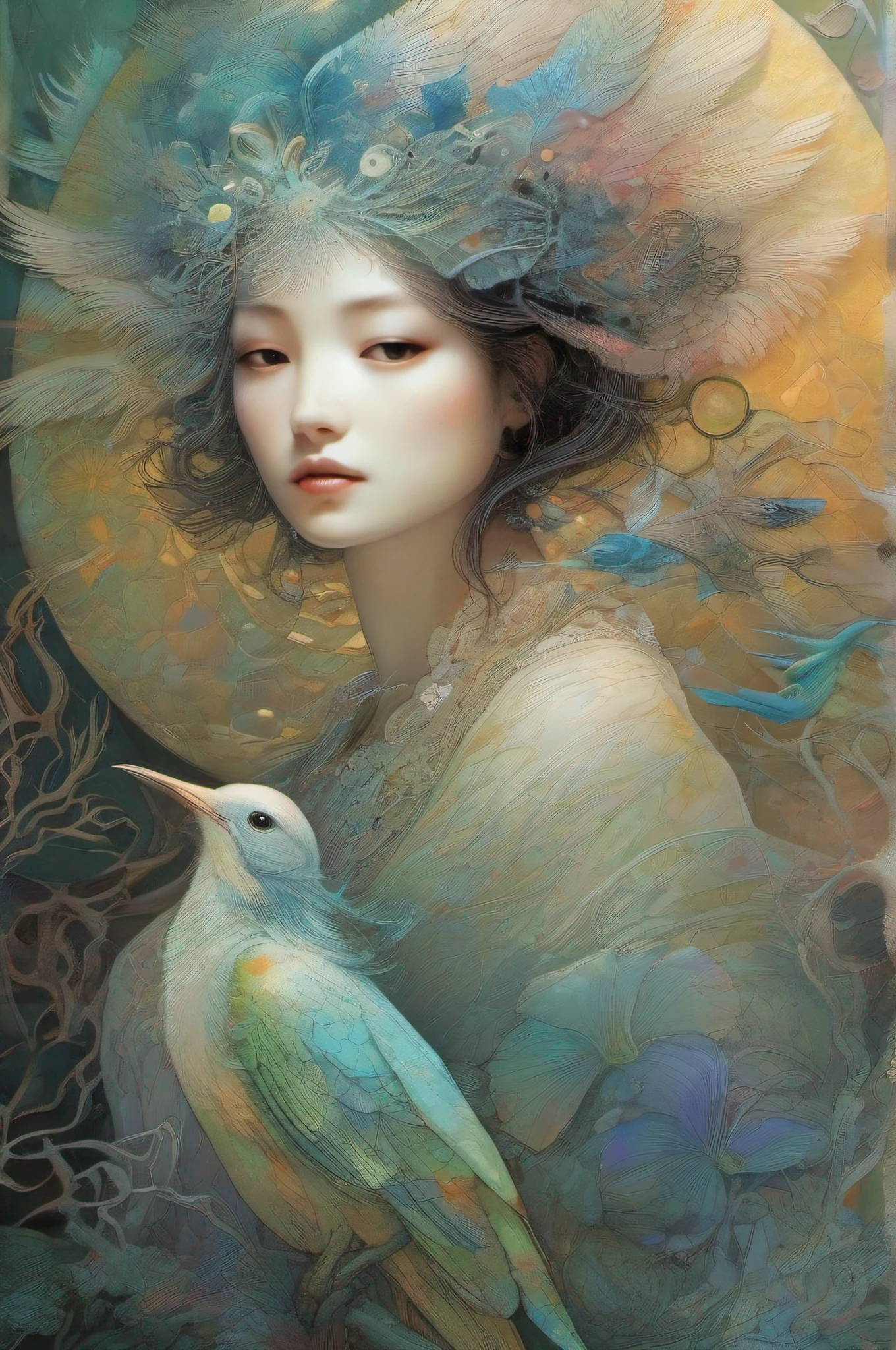 An iridescent bird Illustrated by Yoshitaka Amano, Ellen Jewett e Leonora Carrington:: Um retrato detalhado, elegante, intricate and colorful in mixed media:: Uma obra-prima de arte surreal, uma pintura vibrante, --ar 3:2