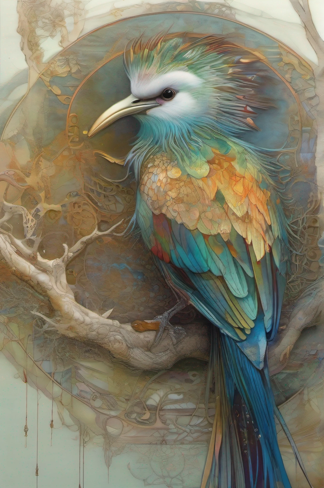 An iridescent bird Illustrated by Yoshitaka Amano, Ellen Jewett e Leonora Carrington:: Um retrato detalhado, elegante, intricate and colorful in mixed media:: Uma obra-prima de arte surreal, uma pintura vibrante, --ar 3:2