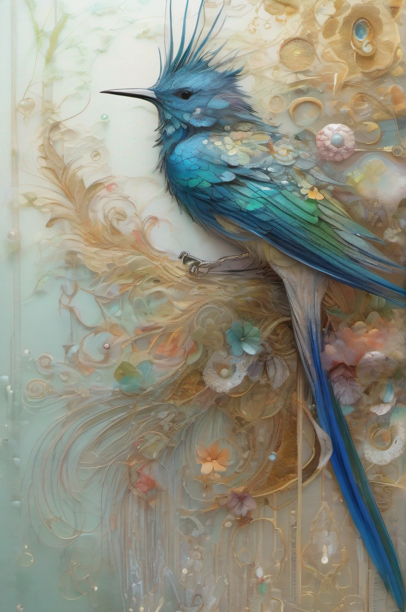 An iridescent bird Illustrated by Yoshitaka Amano, Ellen Jewett e Leonora Carrington:: Um retrato detalhado, elegante, intricate and colorful in mixed media:: Uma obra-prima de arte surreal, uma pintura vibrante, --ar 3:2