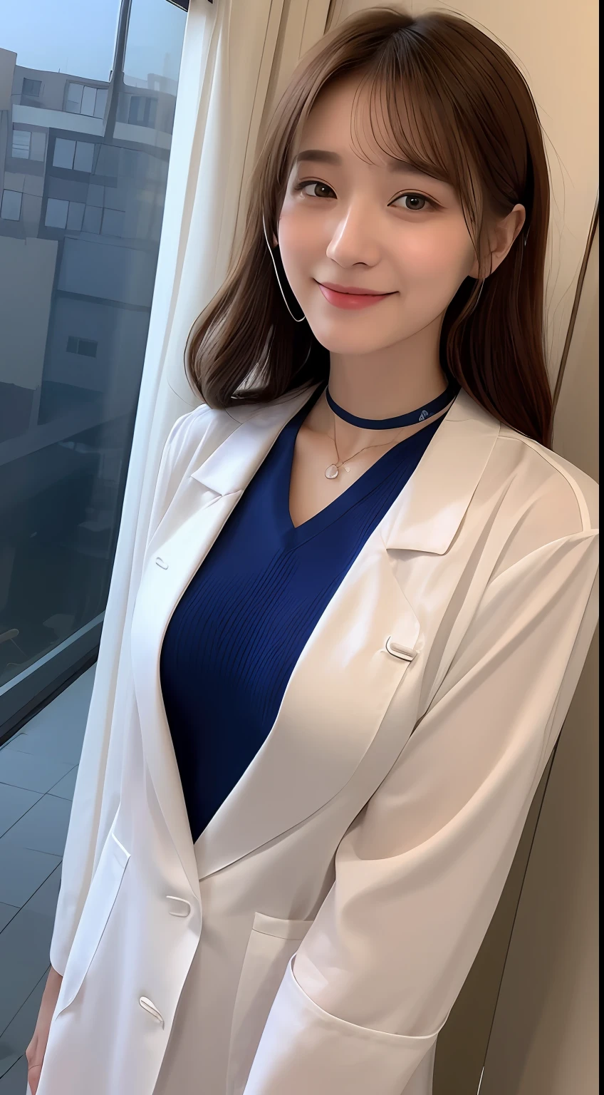 ((the night, 逼真光线, best qualtiy, 8K, tmasterpiece:1.3)), 1girll, Beautiful woman with a slim figure:1.4, Abs:1.1, (A brown-haired, huge tit:1.3), Long purple sweater:1.1, 浴室,Ultra-fine face,Elaborate Eyes,二重まぶた,ssmile,choker necklace,nurse's outfit