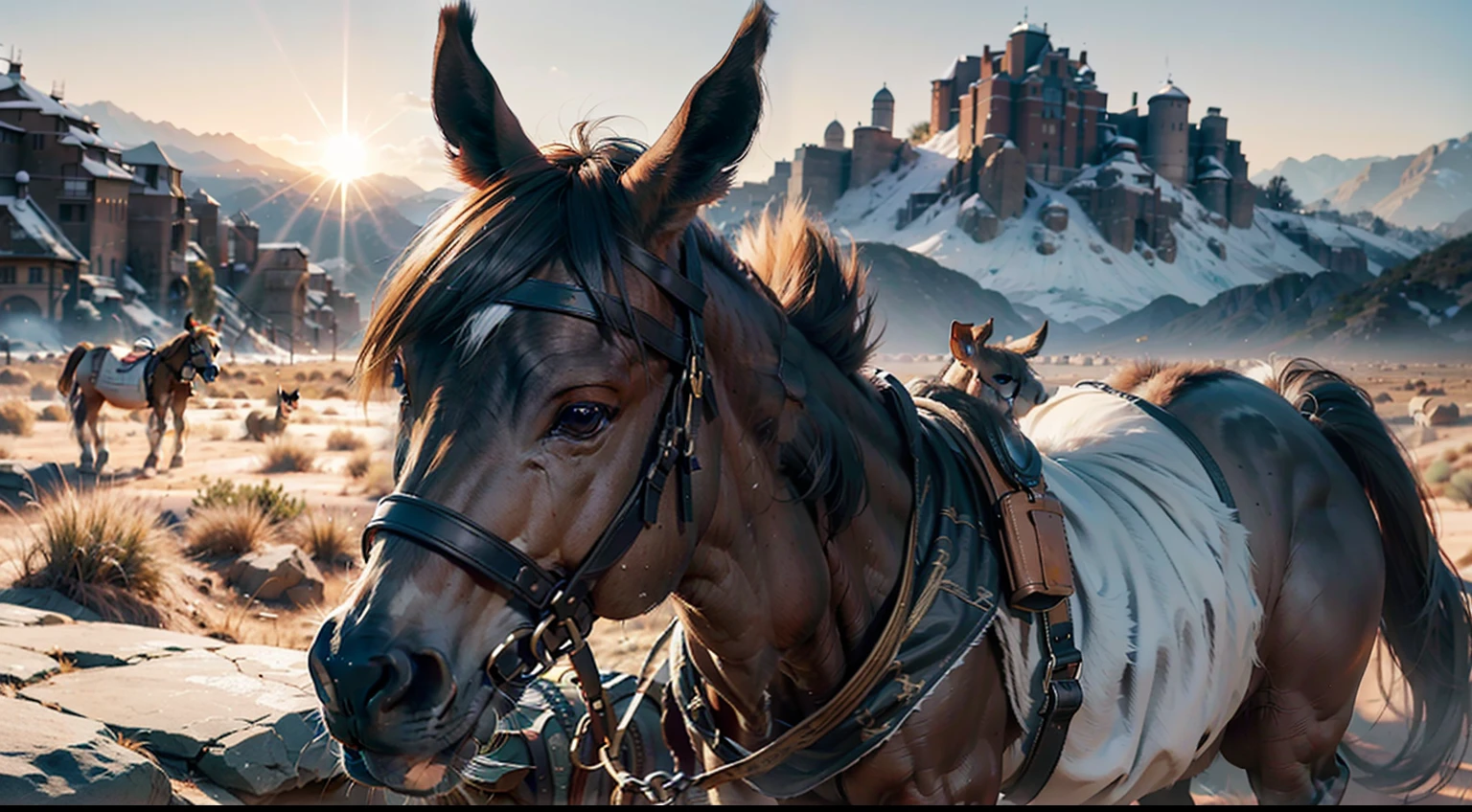 " Deslumbre-se com a imagem de um homem agredindo um burro, animal selvagem, cativante e de olhar marcante, animal. Create a highly realistic and detailed depiction of this scene in a desert setting from the time of Jesus Christ. Captures your expression, olhar profundo de desespero . Garanta uma qualidade 4K para que cada detalhe do pelo, The eyes and the surrounding environment are vivid and engaging. This image will surely convey the charming essence of the donkey, doesn't look like a horse, hair color is gray."