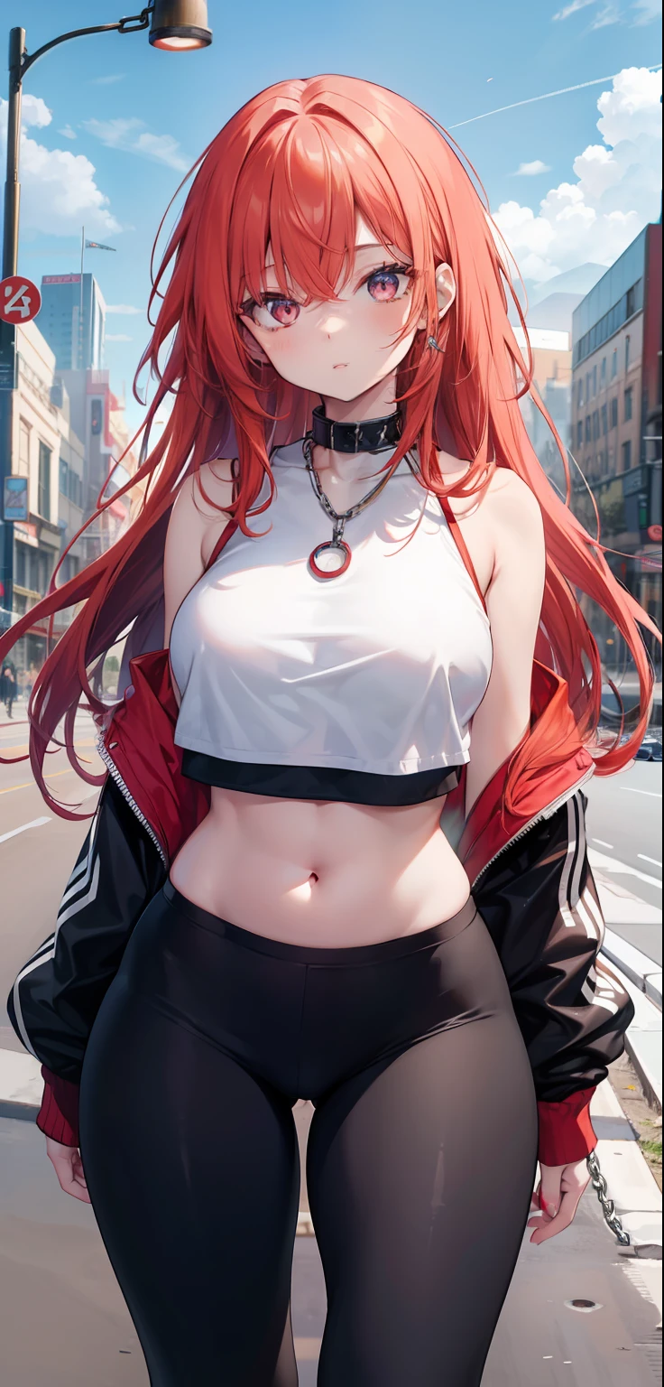 pretty body, pretty face, 3 girls together, older girl, light RED hair, eyes, chain around neck, shoulders, SWEATSHIRT, LEGGING PANTS, big chest, belly, thin waist, thick legs, thick thighs, background scenery random looking at viewer