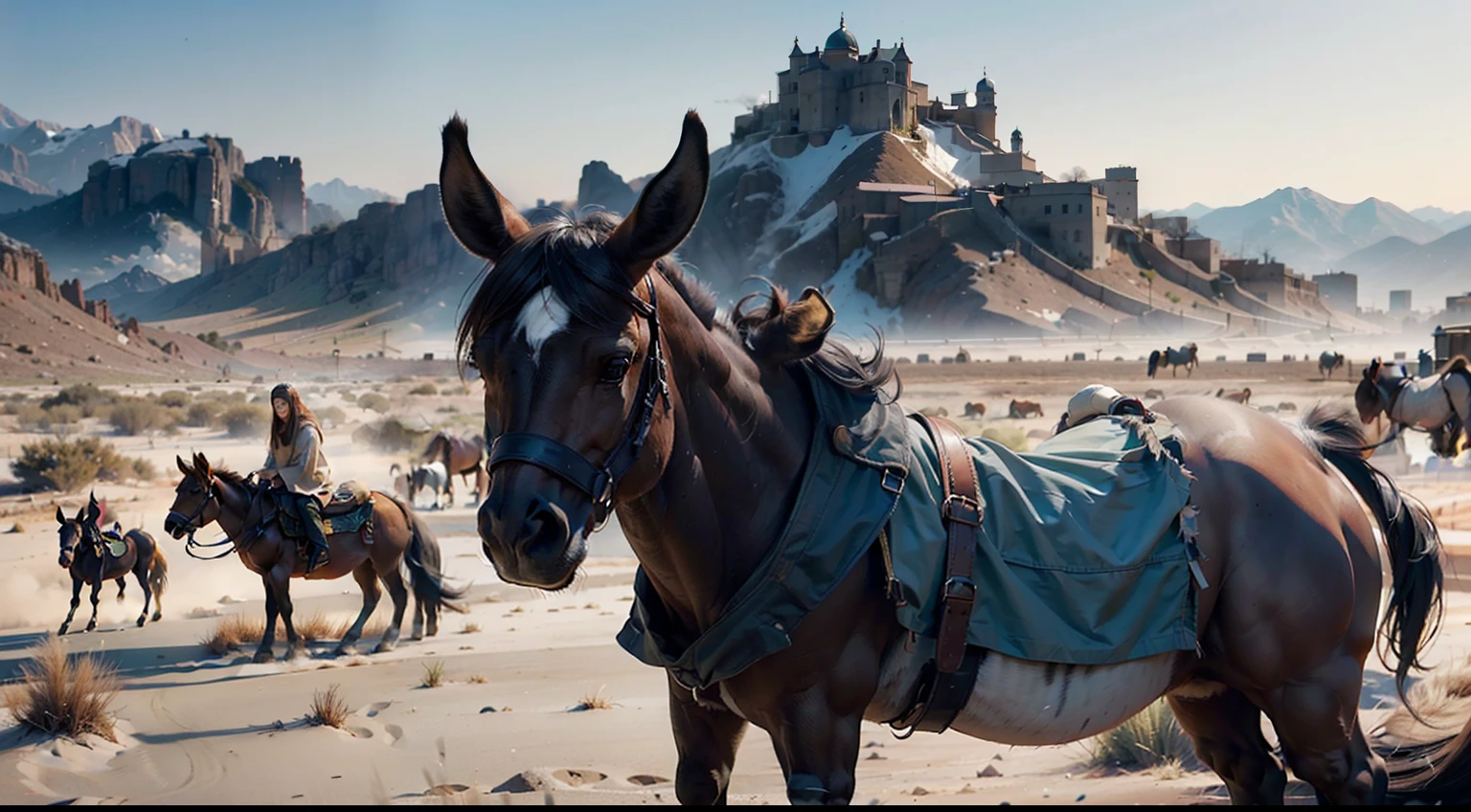 " Deslumbre-se com a imagem de um homem agredindo um burro, animal selvagem, cativante e de olhar marcante, animal. Create a highly realistic and detailed depiction of this scene in a desert setting from the time of Jesus Christ. Captures your expression, olhar profundo de desespero . Garanta uma qualidade 4K para que cada detalhe do pelo, The eyes and the surrounding environment are vivid and engaging. This image will surely convey the charming essence of the donkey, doesn't look like a horse, hair color is gray."