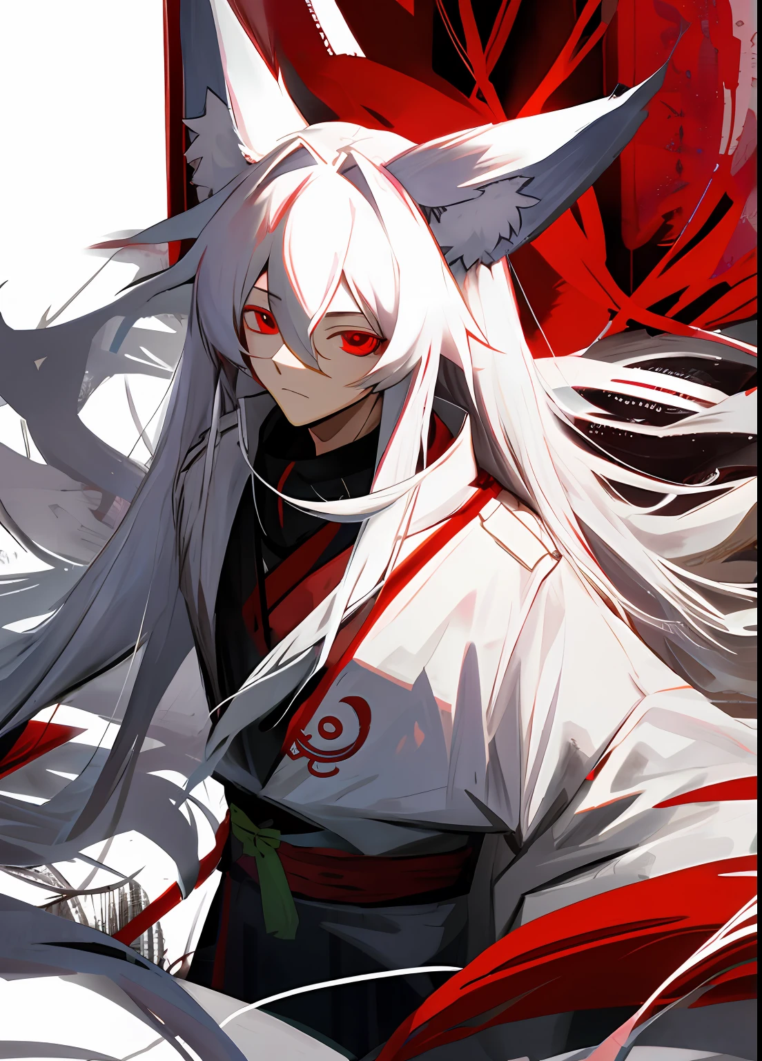 1 guy with long white hair, red eyes, fox ears and 9 tails