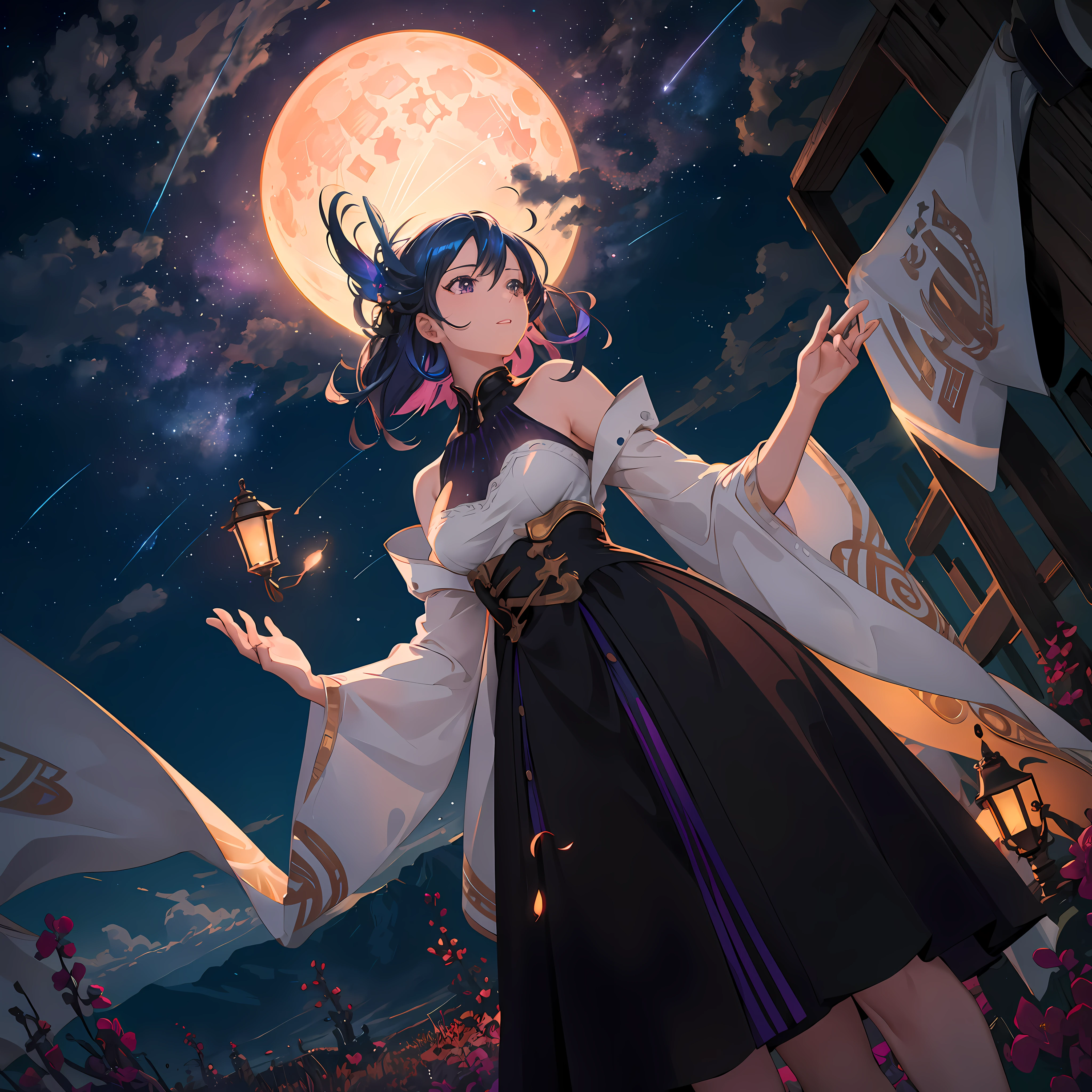 expansive landscape photograph , (a view from below that shows sky above and open field below), a girl standing on flower field looking up, (full moon:1.2), ( shooting stars:0.9), (nebula:1.3), distant mountain, tree BREAK
production art, (warm light source:1.2), (Firefly:1.2), lamp, lot of purple and orange, intricate details, volumetric lighting BREAK
(masterpiece:1.2), (best quality), 4k, ultra-detailed, (dynamic composition:1.4), highly detailed, colorful details,( iridescent colors:1.2), (glowing lighting, atmospheric lighting), dreamy, magical, (solo:1.2)
