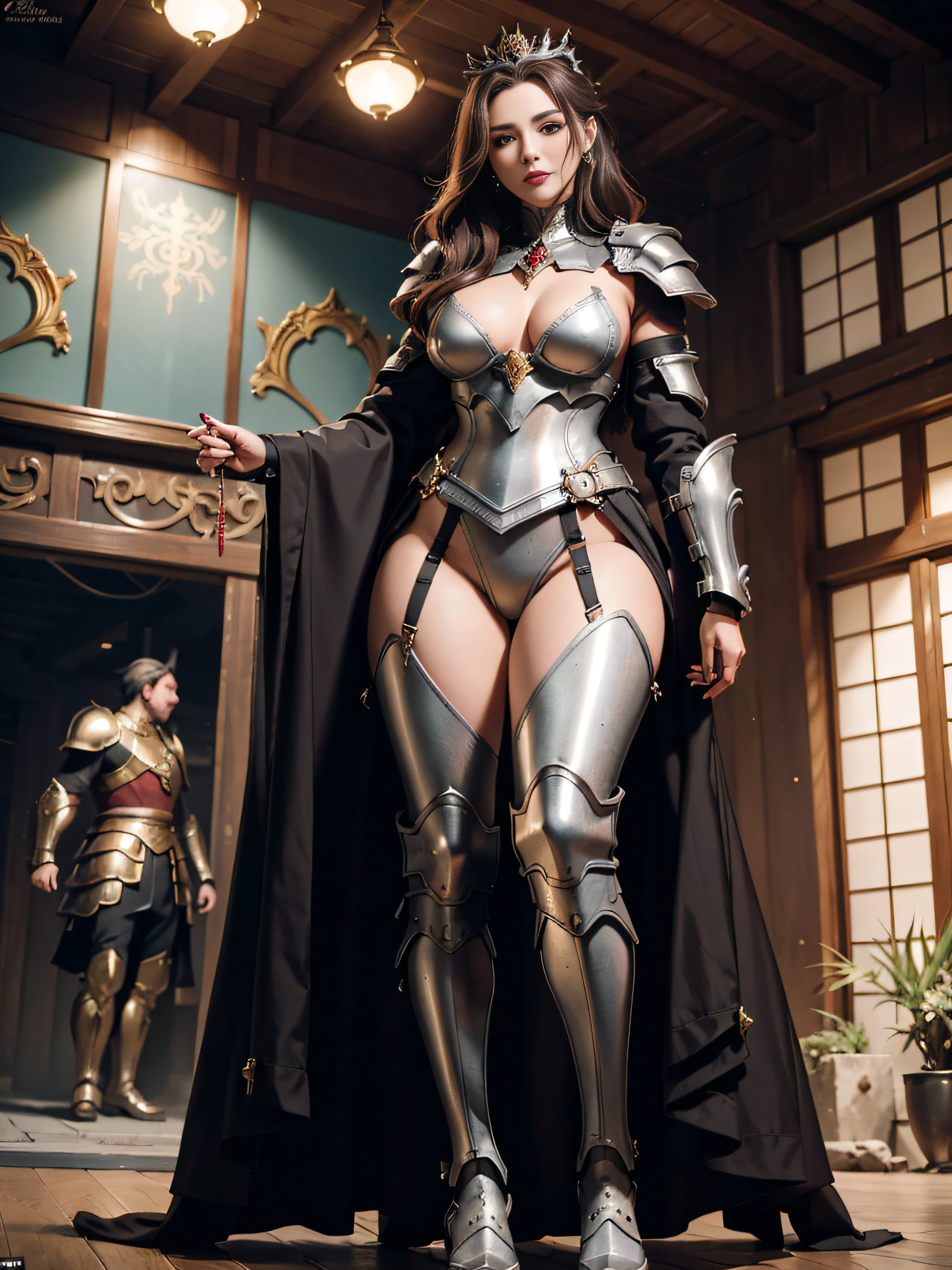 There is only one person in the scene，full body detailing，a mature female，Queen temperament，Fine and detailed eyes and detailed face，Tall and tall，She wears metal armor，Armor trousers，Armor booties，Over-the-knee stockings，Show the look of the booties，warriors、Shogun， allure：（Tall：1.4），haughty，Mature temperament，Ruby eyes，Apply blood-red lipstick to your lips，Wide buttock（big assa：1.4），（Thick thighs：1.4），Majesty，Rich scene detail，are standing，actionpose