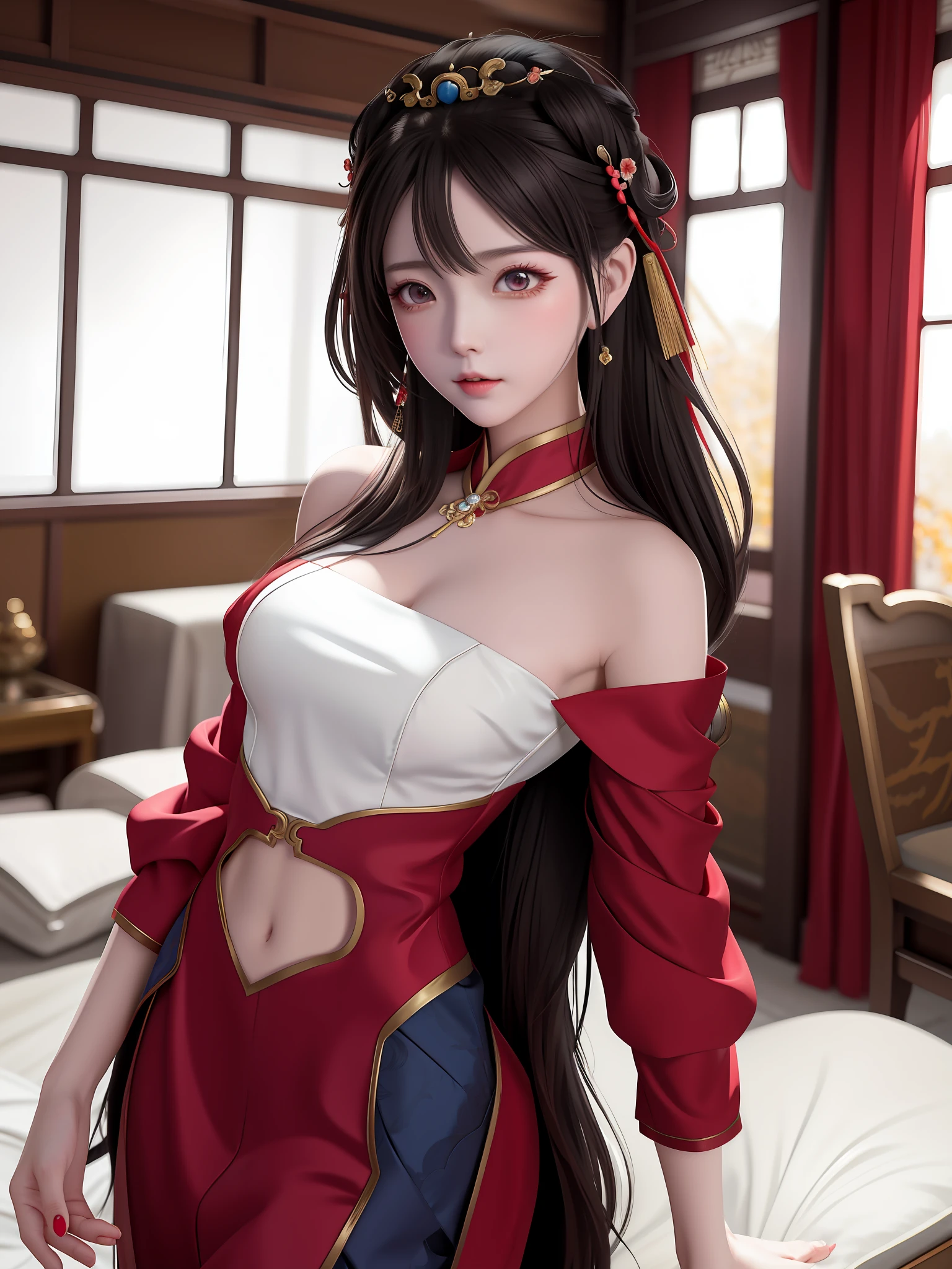 Anime - Style woman in red and white dress poses for photo, full-body xianxia, Palace ， A girl in Hanfu, a beautiful fantasy empress, trending on cgstation, trending at cgstation, shaxi, Inspired by Lan Ying, beautiful and seductive anime woman, Anime girl cosplay, alluring tipha lockhart portrait, inspired by Li Mei-shu