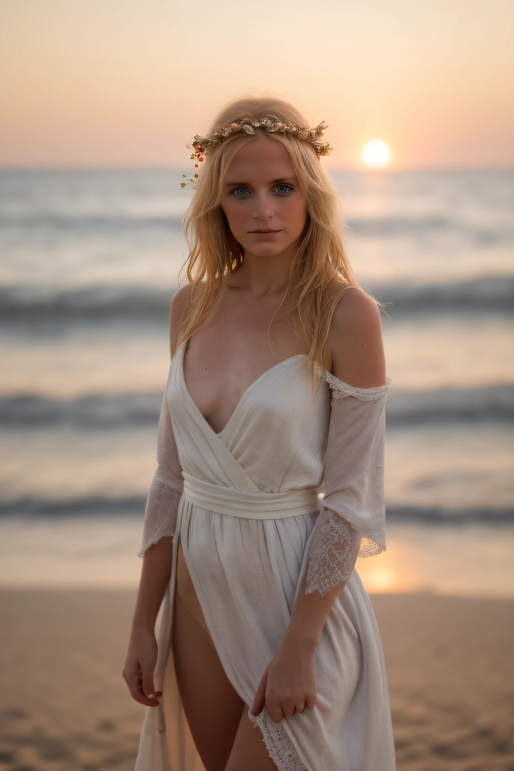 Shooting at the beach, belle blonde en robe de princesse, corps complet visible, au lever du soleil, bokeh, d800, nikkor 85 1.4mm