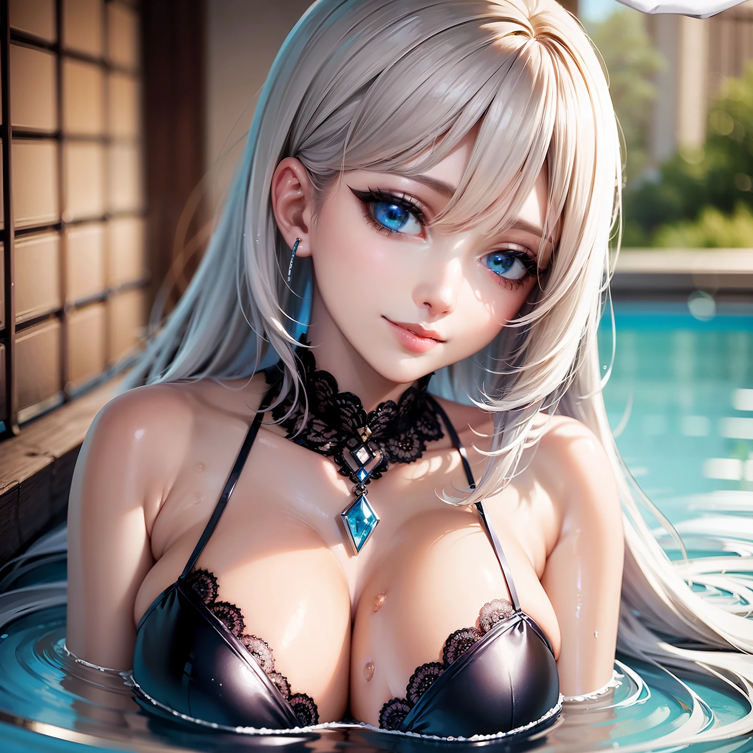 ((top-quality、8k、masterpiece:1.3))、a beauty girl、1 female、white hair、Blue eyes、Blue pupil、:1.3、nder body type:1.1、Toned abs、Happy smiling face、Dark brown hair、(swimming pools、a wet body、Wearing eroti、hyperdetailed face、detailed lips、A detailed eye、二重まぶた