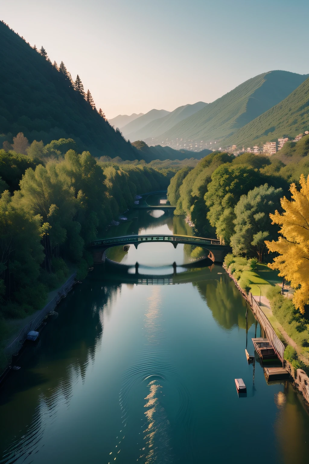 at dusk at golden hour，dense with greenery、Willows flying、Surrounded by turquoise water、small bridge flowing water、