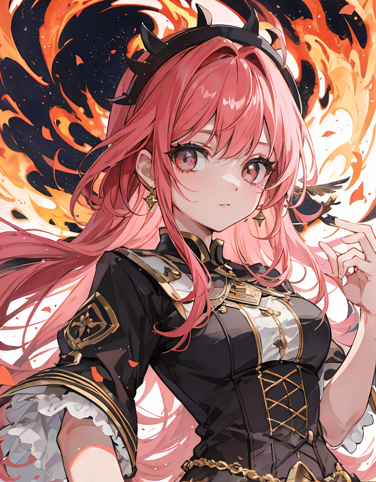 Garota de fogo, olhos rosa brilhante, cabelo rosa longo e ondulado com chamas, roupas pretas, several flames around