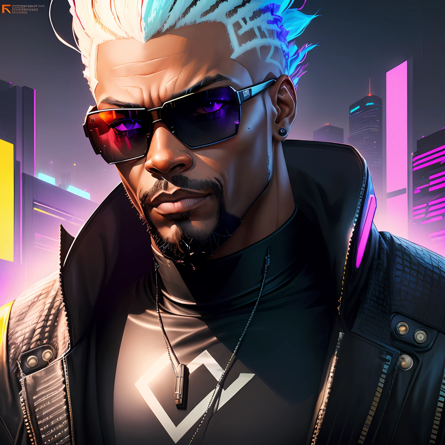 a bald black man with a beard and sunglasses, realistic cyberpunk art, funk art, stunning gradient colors, stylized h 704 portrait, pompadour, twitch streamer, cool colors. Insanely Detailed, T-800, No Signature Watermark, In Rich Colors, Outdated