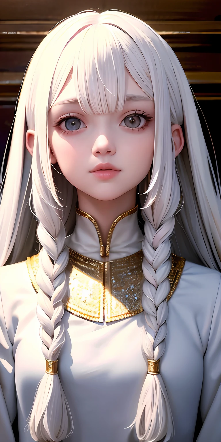 best quality, masterpiece,white hair, gold eyes,white clothes, looking up, upper body,hair strand,Fair skin,side braids