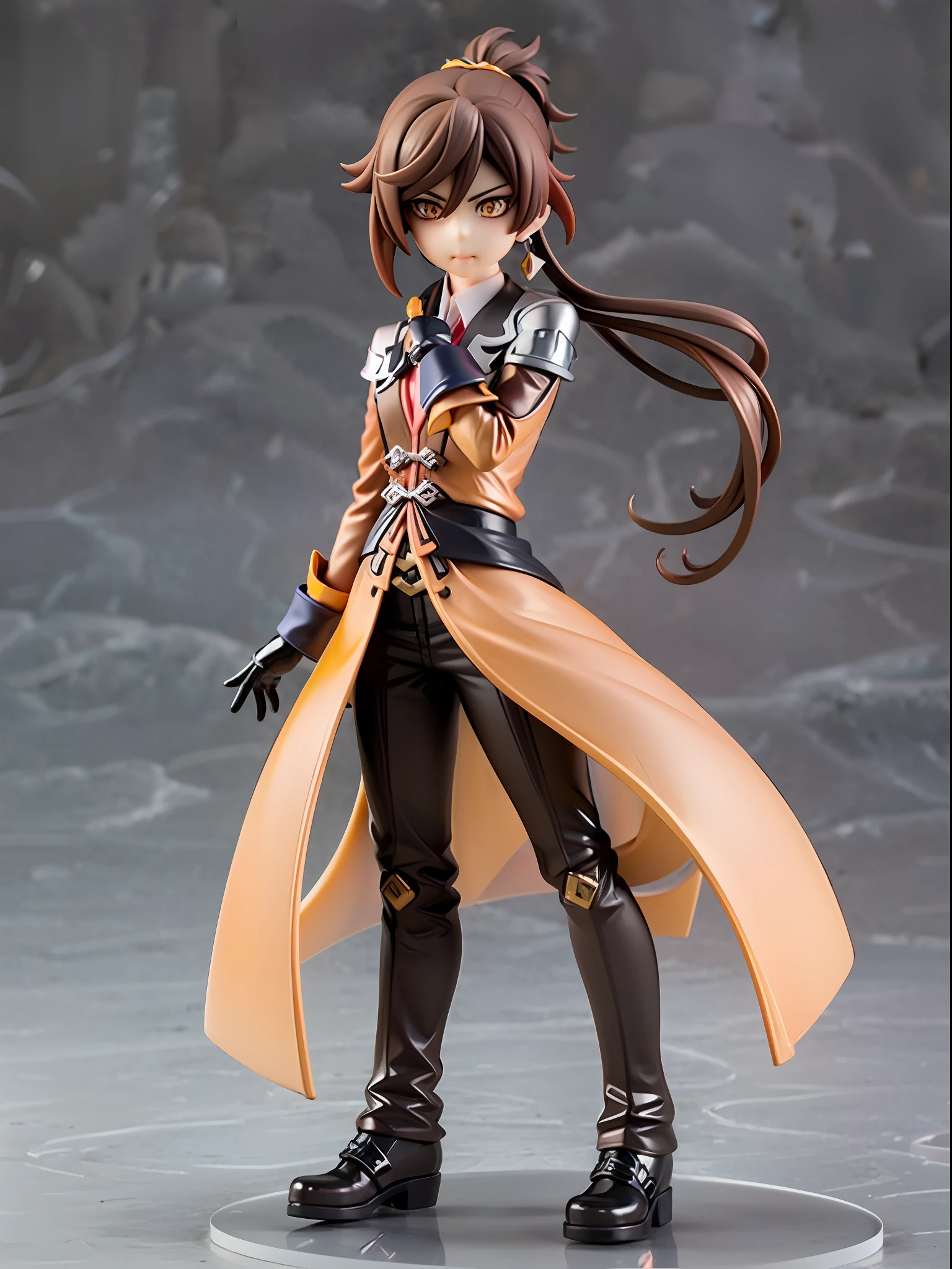 (Blind box toy style:1.2), (Full body shot) , 1 masterpiece, Best quality,Zhongli (Genshin Impact), Long hair, 1 boy solo, Brown hair, single earring, mitts, nipple tassels, bangs, Black gloves, jewelry, Tassel earrings, pony tails, hair between eye, Jacket, Long sleeves, Yellow eyes, shirt, tiese, Collared shirt, formal, , suit, floating object, Closed mouth, dreamy glow, Clean, Clean background ( Global illumination, Ray traching, hdr, unreal render,reasonable design, high detal, Masterpiece, Best quality, hyper HD, Cinematic lighting)