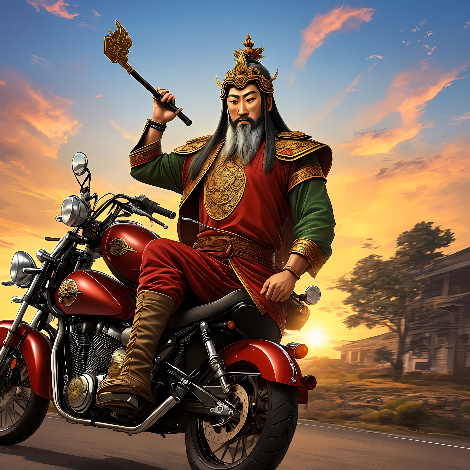 Guan Yu riding a motorcycle