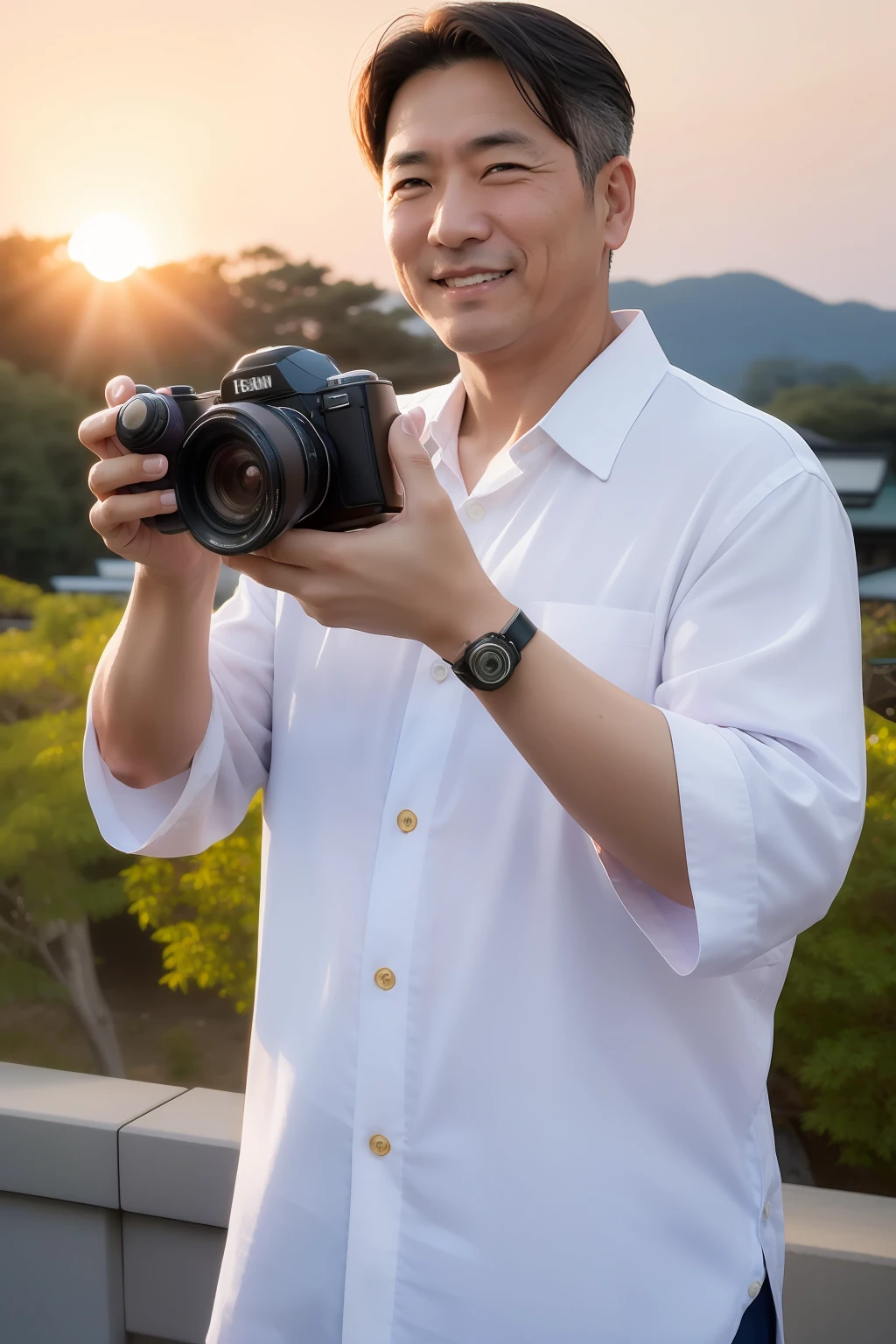 Japan male in his 40s、Holding a camera against the setting sun and smiling refreshingly