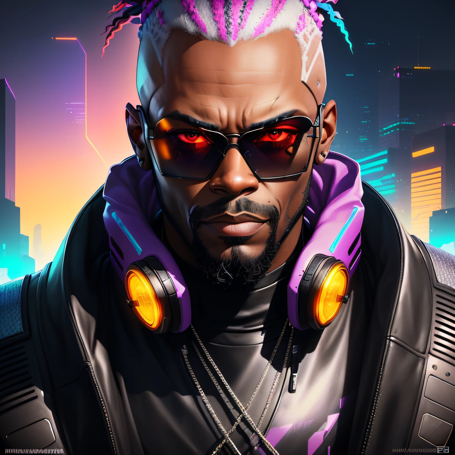 a bald black man with a beard and sunglasses, realistic cyberpunk art, funk art, stunning gradient colors, stylized h 704 portrait, pompadour, twitch streamer, cool colors. Insanely Detailed, T-800, No Signature Watermark, In Rich Colors, Outdated