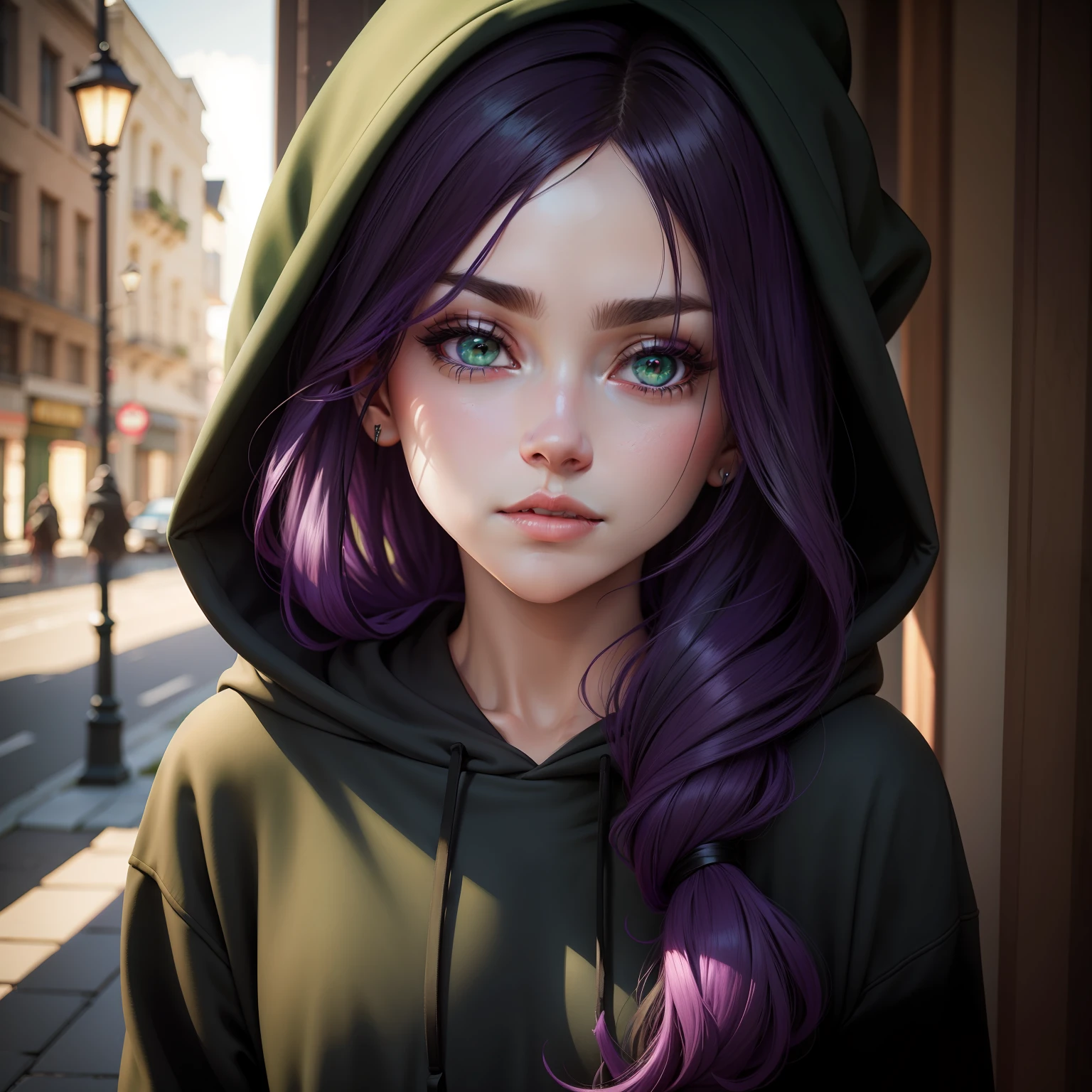 Dark Purple hair. green eyes. Black hoodie on head. Realistic. Detailed. Cute.