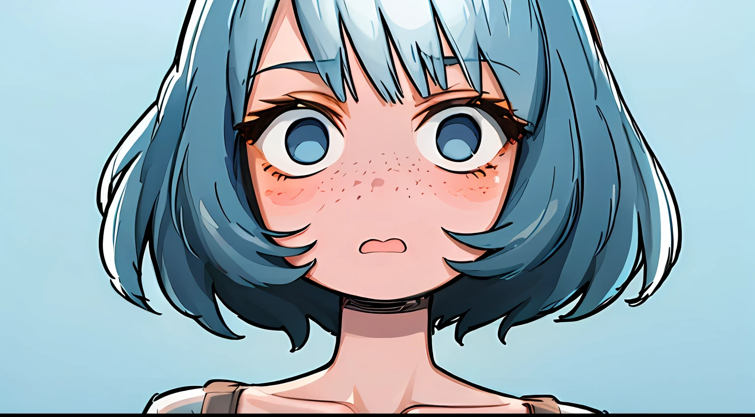 masterpiece, best quality, 1boy, gris, solo, closeup, blue eyes, freckles, blue hair, very short hair, bangs, open mouth, blush, closed mouth, collarbone, looking at viewer, blue shirt, thick lineart, simple background