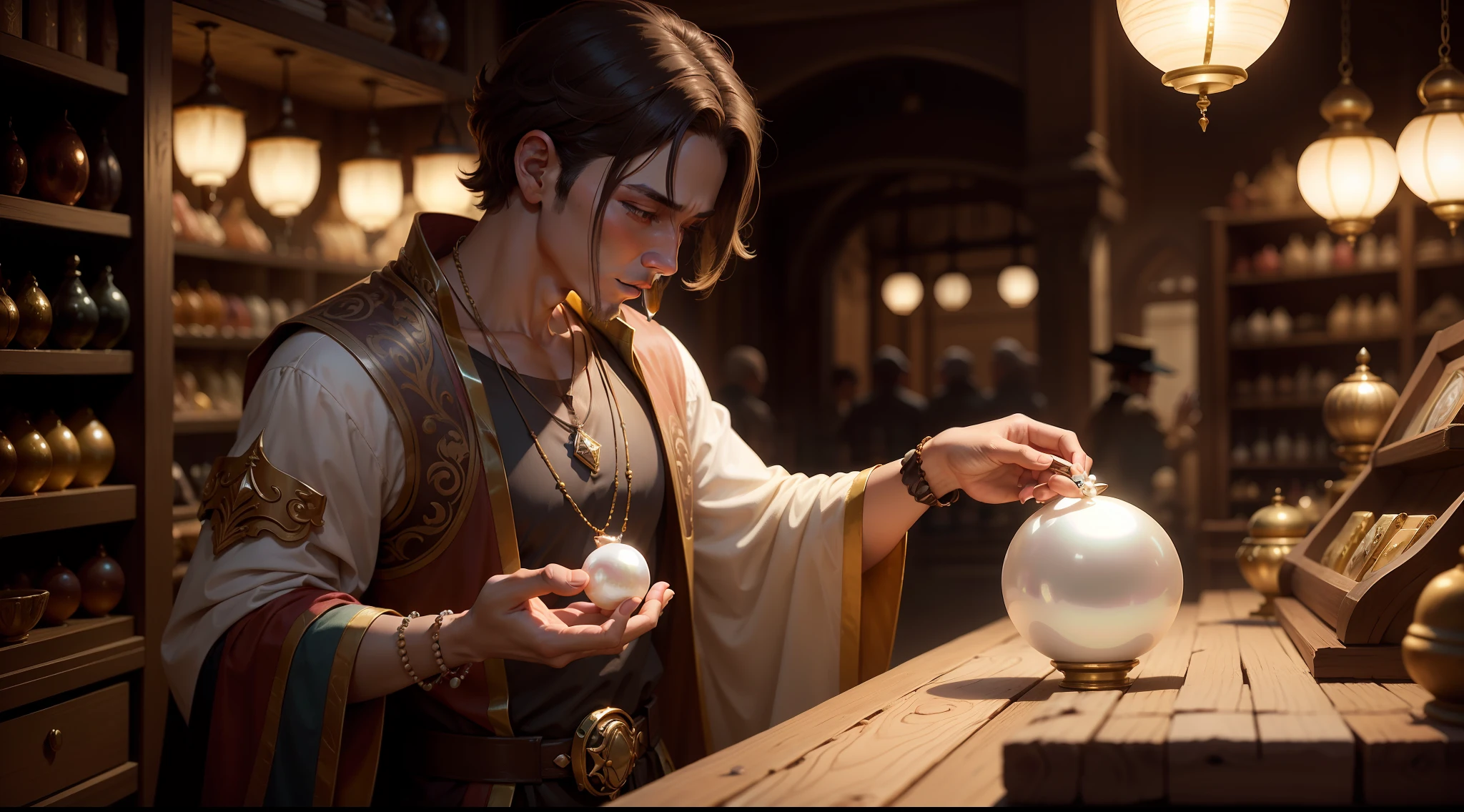 A merchant examining a beautiful, lustrous pearl in his hand.
