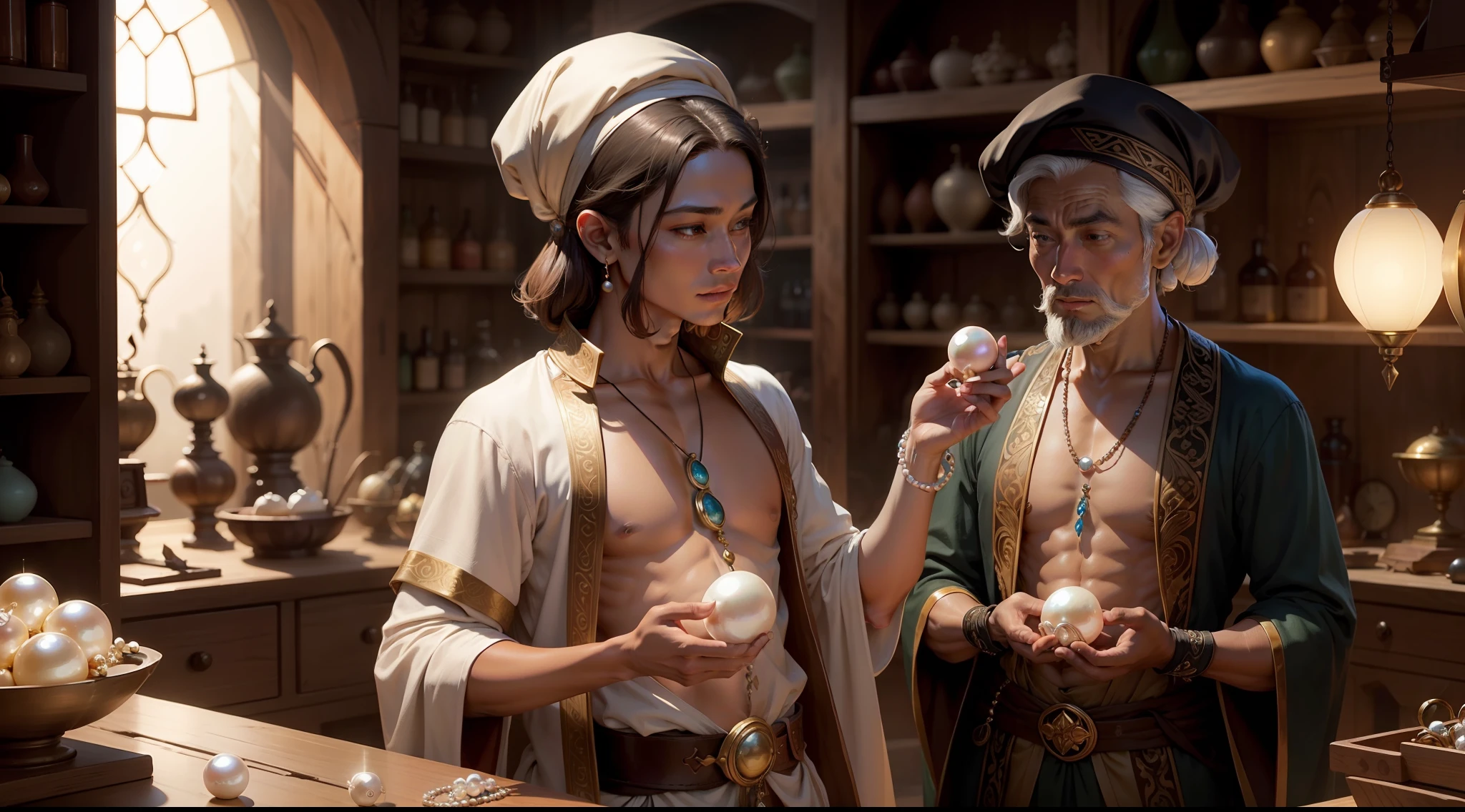 A merchant examining a beautiful, lustrous pearl in his hand.