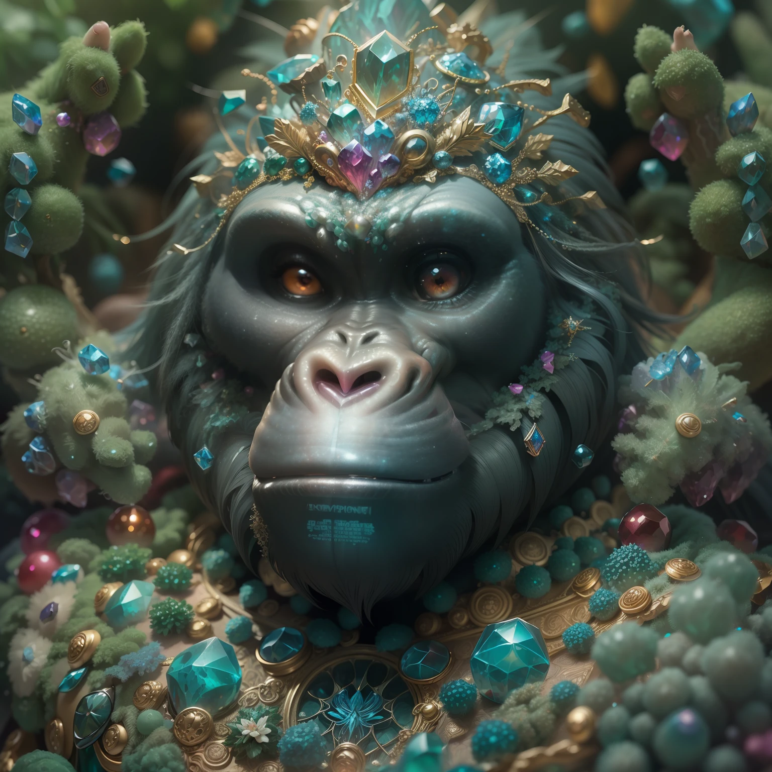 a stunning rendition of full-body gorilla sculpture made of fractal gems, fractal crystals, intricate details, hyperrealistic, octane render, very colorful, vibrant, cinematic, ornate, luxury, elite, james jean, brian froud, ross tran