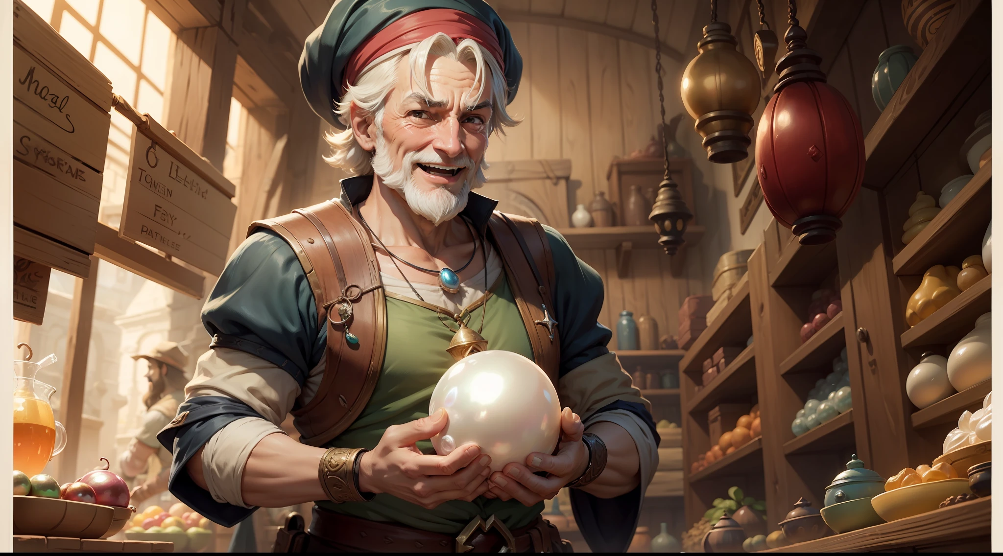 An image of the merchant's joyful expression as he holds the valuable pearl.