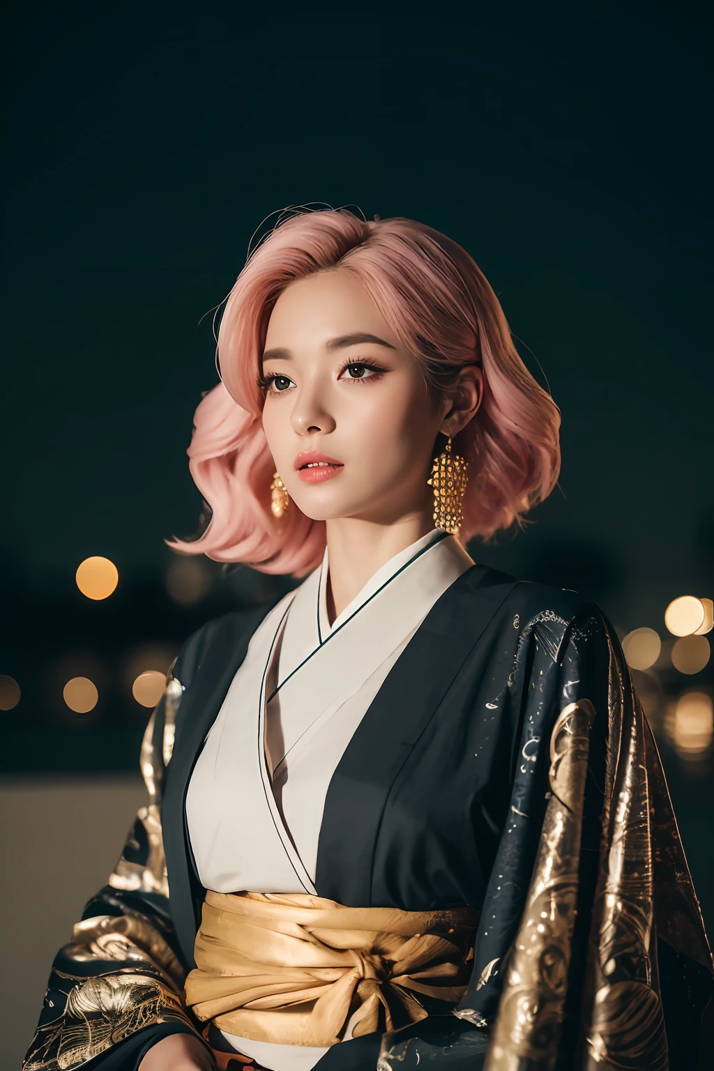 (Best Quality, masterpiece, Colorful, Dynamic Angle, highest details),Upper body photo, Fashion photo of cute marocco girl with iridescent pink hair, Flirting with POV, In traditional gold of Japan&Black kimono, Ultra-detailed kimono textures, High contrast, Night, kyoto, Fireworks, (Intricate details, hyperdetails:1.15), Detailed, Moonlight through hair, (Official art, ighly detailed, highest details),