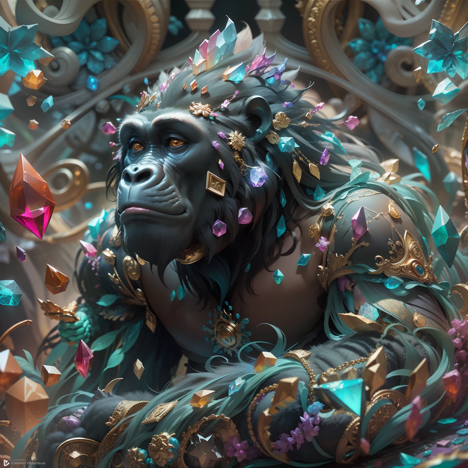 a stunning rendition of full-body gorilla sculpture made of fractal gems, fractal crystals, intricate details, hyperrealistic, octane render, very colorful, vibrant, cinematic, ornate, luxury, elite, james jean, brian froud, ross tran