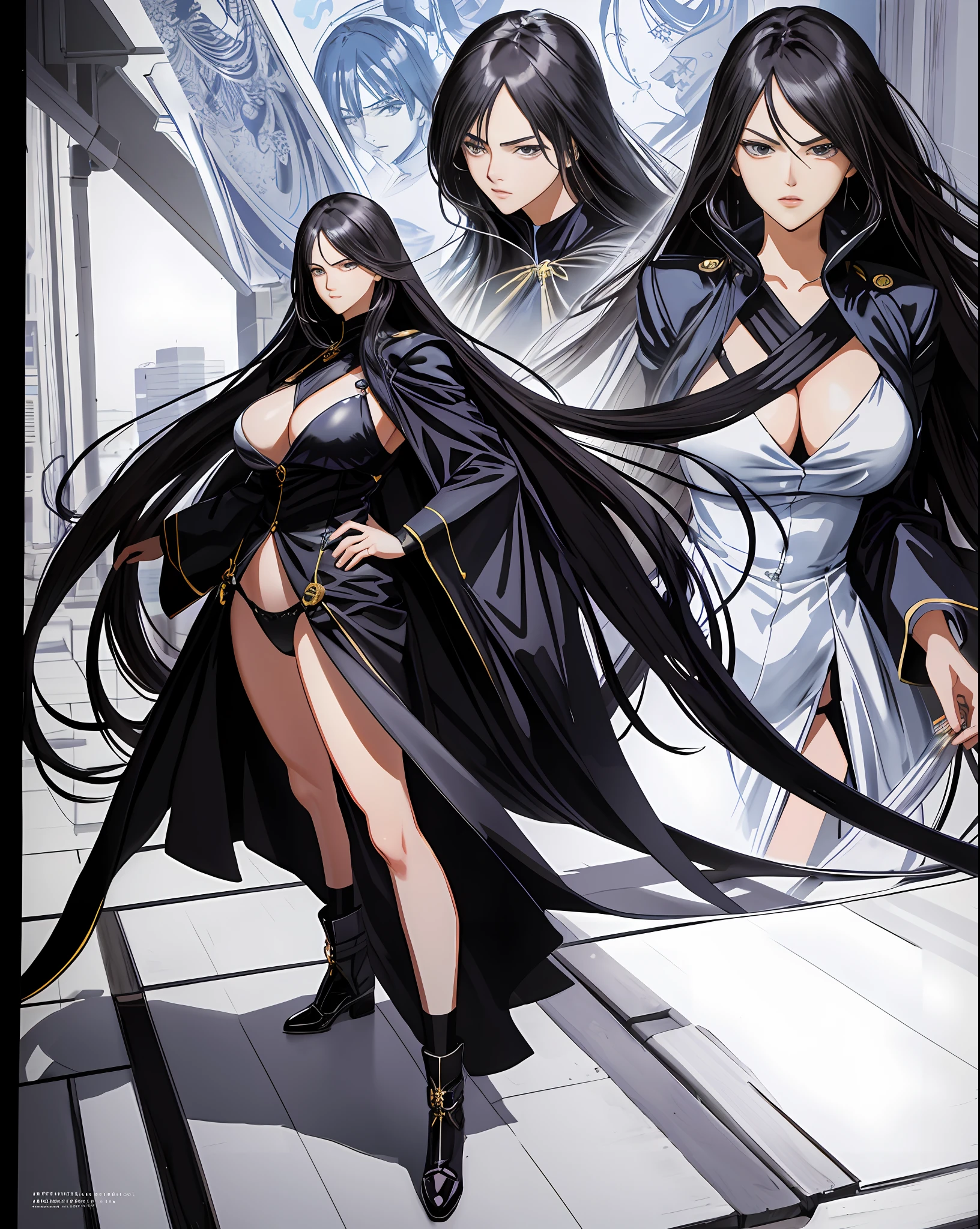 tmasterpiece,Line drawings,A painting of a woman with long hair and long hair,Perfect anime body,s the perfect face,Perfect facial features,angry look,long leges,huge tit,Whole body movement,8K comic wallpaper,Full body combat stance,Realistic light and shadows,beautiful line art,Powerful comic art,anime artsyle,painting art,comic artstyle,His caricature full-body portrait,Beautiful fanart,detail-rich,detailed manga style