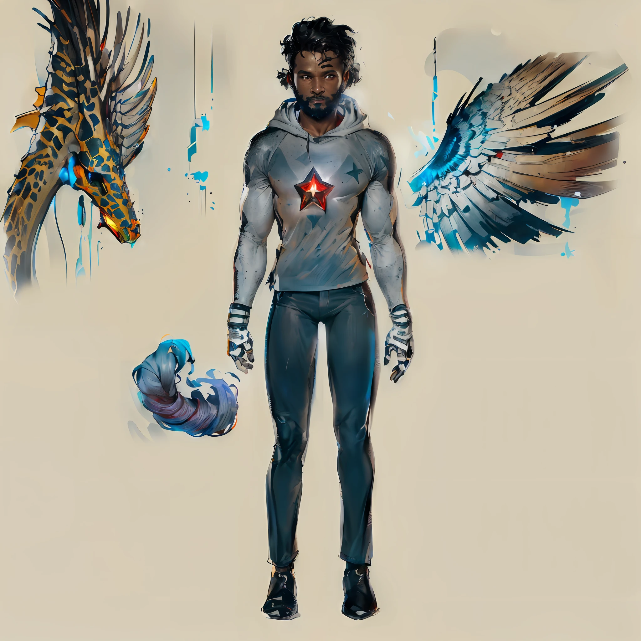 The image depicts a 23-year-old black man wearing a gray hooded blouse with a red star, Artgerm ((A young black man with short black hair and full black beard wearing a gray blouse with a red star on his chest and black jeans)) ((usando faixas como luvas)) (Electric rays come out of your body) ((olhando para frente com olhar fixo e um leve sorriso)) roupa detalhada, electric rays, 1 , sozinho, corpo fitness, Basic color scheme, arte colorida, terceira regra, dinamic pose, Homem (((1 Homem jovem negro de 23 anos))), olhando para o espectador, fundo desfocado, olhos dourados, HDR (high dynamic range),ray tracing,NVIDIA RTX,Super-Resolution,irreal 5,Subsurface dispersão, Textura PBR, Post-processing, anisotropic filtering, profundidade de campo, Maximum clarity and sharpness, Texturas multicamadas, Albedo e mapas Speculares, surface shading, Accurate simulation of light-material interaction, perfectly proportions, octan render, Two-tone lighting, ampla abertura, ISO baixo, white-balance, thirds rule, 8K BRUTO