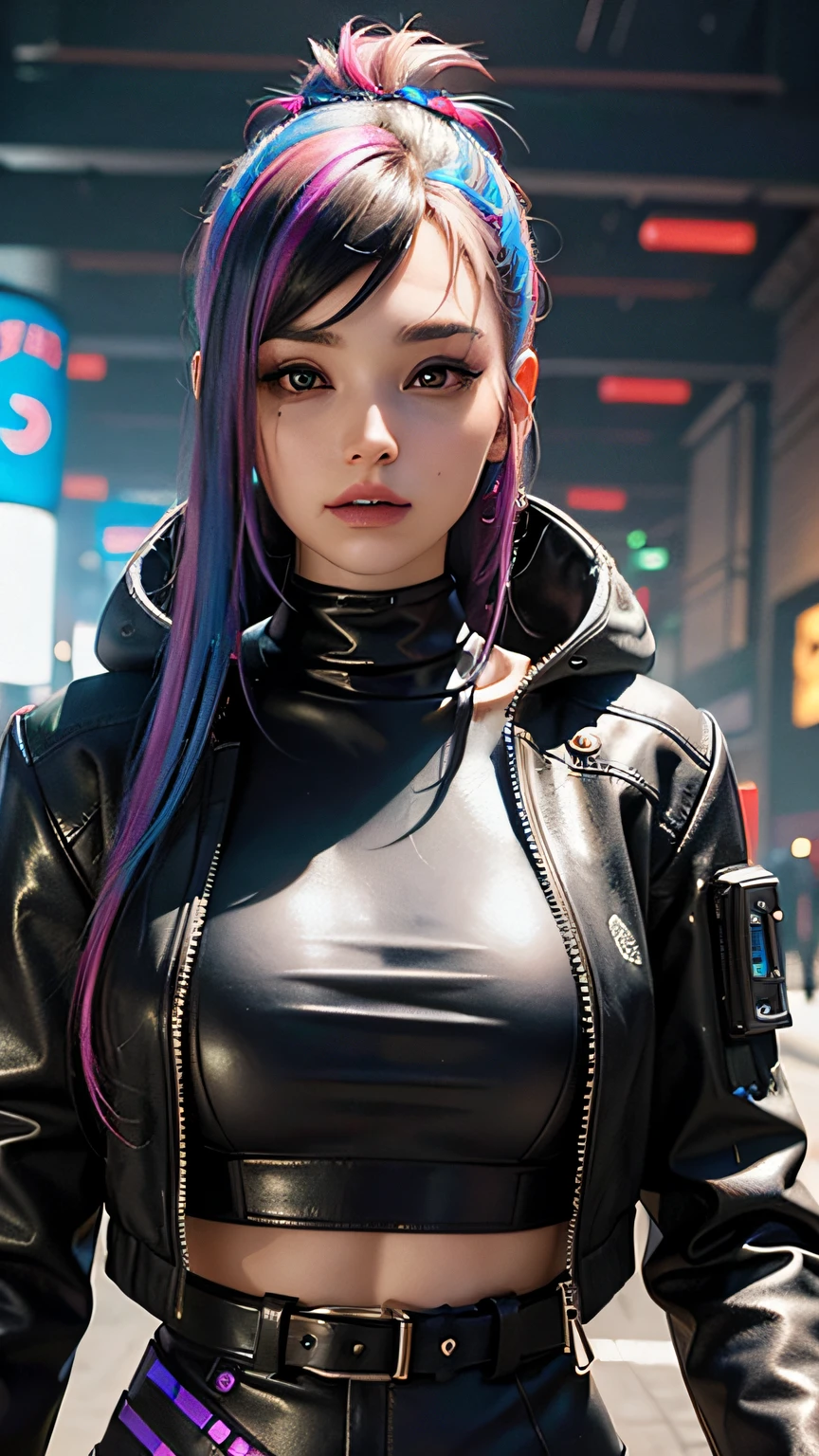 ((Best quality)), ((masterpiece)), (highly detailed:1.3), 3D, beautiful (cyberpunk:1.3) hacker woman with colored hair, black clothes looking at camera, lucy (Cyberpunk)