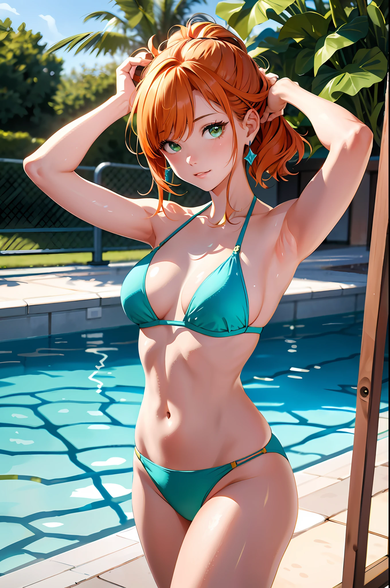 (top-quality、in 8K、32K、​masterpiece、nffsw、超A high resolution、Impresionismo、Photorealsitic:1.2)、Full body, swimming pools、beauitful face、blurry backround、18 year old beautiful girl、shinny skin、beautiful orange hair、Green eyes、Bikini swimwear、raise arms、Curve、Two girls、the kiss、
