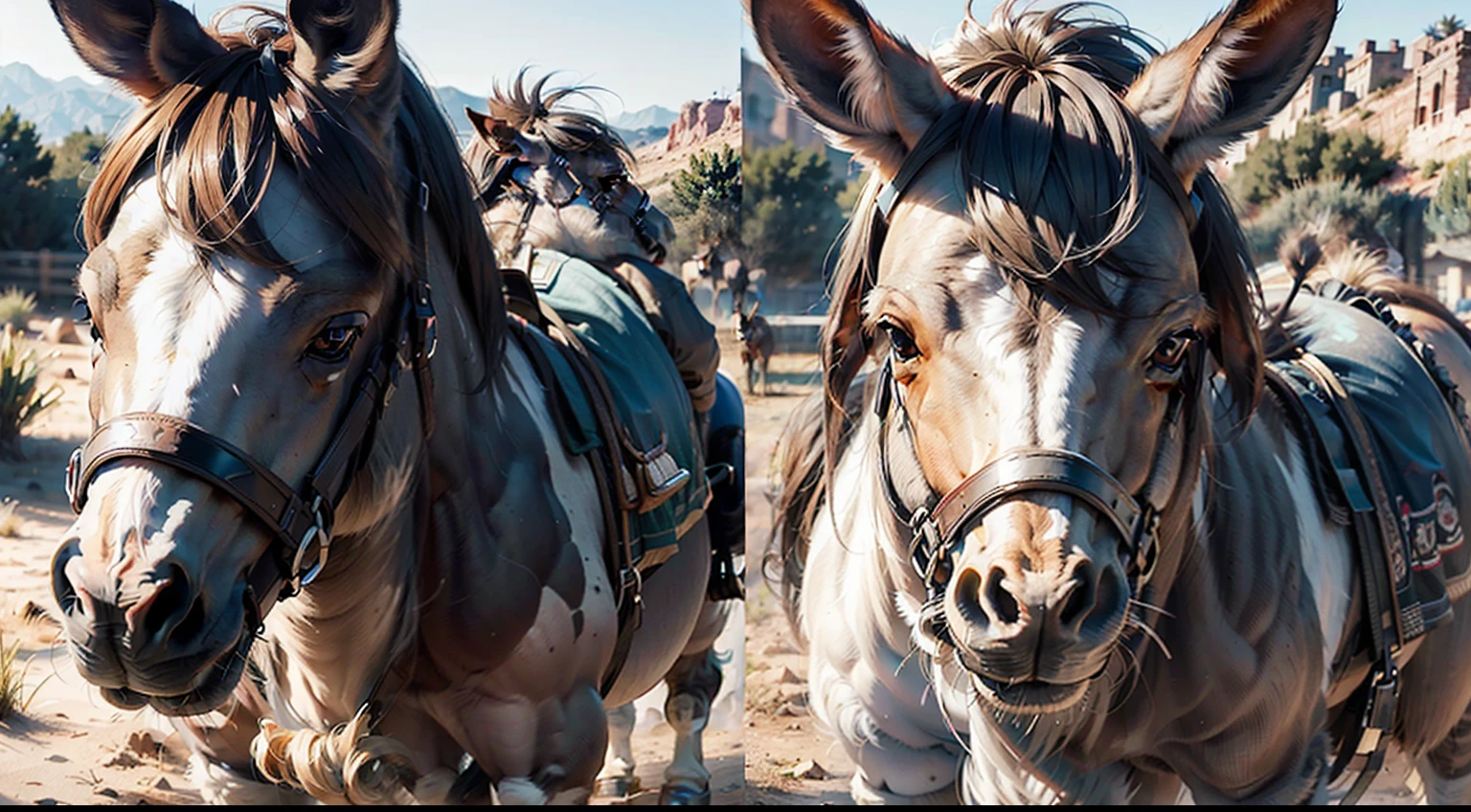 " Deslumbre-se com a imagem de um homem agredindo um burro, bicho selvagem, cativante e de olhar marcante, bicho. Create a highly realistic and detailed depiction of this scene in a desert setting from the time of Jesus Christ. Captures your expression, olhar profundo de desespero . Garanta uma qualidade 4K para que cada detalhe do pelo, The eyes and the surrounding environment are vivid and engaging. This image will surely convey the charming essence of the donkey, doesn't look like a horse, hair color is gray."