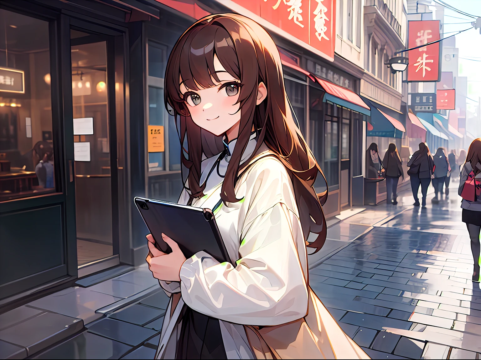 early evening、Fashionable streets lined with cafes and boutiques、Stylish、Adult woman in anime holding big tablet PC((I'm holding a tablet))、Taking a walk、((((walk、Above the knee))))、25-years old、Upper body, mid-shot, femele, Detailed eyes, ((Beautiful woman with laptop)), ,Semi-long hair, Brown hair, Bangs,Everyday clothes、Clothes without a collar、Fashionable、Long sleeves,、frontage、 Smiling smile、