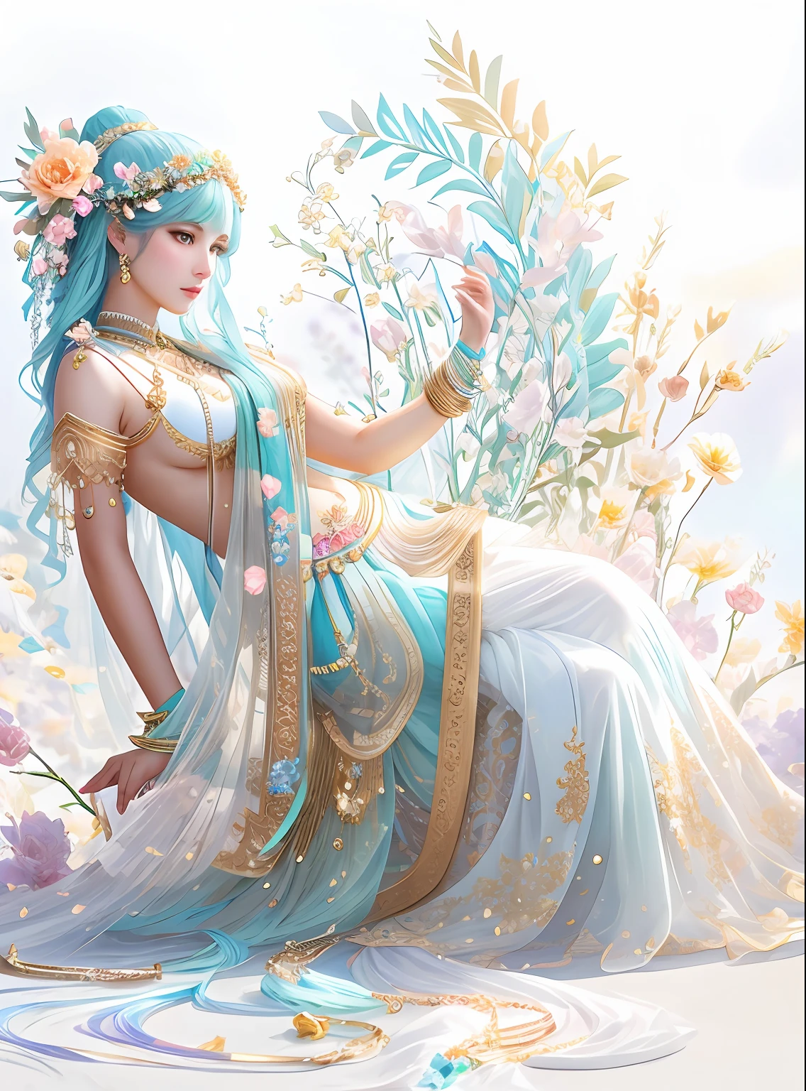 There are My Fair Lady,Fair smooth skin,flowers in full bloom,It is beautiful and delicate, Gold ornaments,Turquoise decoration,Various gemstones,No clothes,beautiful flowers,Goddess. Extremely high detail, extremely detailed goddess shot, Extremely detailed flower goddess,Blue sky,The background of the character has a light rainbow aperture, hyper HD,psychedelic goddess, goddess art, Beautiful digital artwork, Beautiful goddess,tmasterpiece,4K,Realiy,photorealestic,professional photoshooting,超高分辨率,