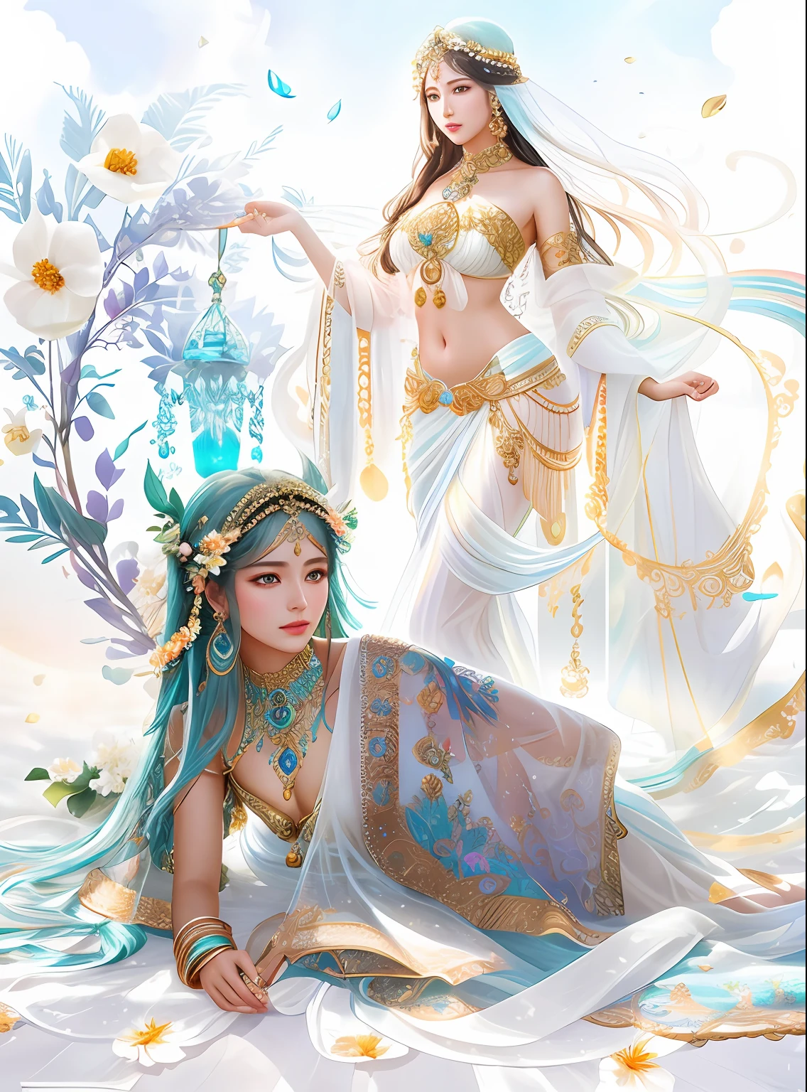 There are My Fair Lady,Fair smooth skin,flowers in full bloom,It is beautiful and delicate, Gold ornaments,Turquoise decoration,Various gemstones,No clothes,beautiful flowers,Goddess. Extremely high detail, extremely detailed goddess shot, Extremely detailed flower goddess,Blue sky,The background of the character has a light rainbow aperture, hyper HD,psychedelic goddess, goddess art, Beautiful digital artwork, Beautiful goddess,tmasterpiece,4K,Realiy,photorealestic,professional photoshooting,超高分辨率,