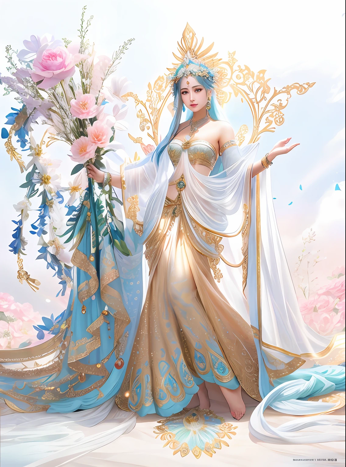 There are My Fair Lady,Fair smooth skin,flowers in full bloom,It is beautiful and delicate, Gold ornaments,Turquoise decoration,Various gemstones,No clothes,beautiful flowers,Goddess. Extremely high detail, extremely detailed goddess shot, Extremely detailed flower goddess,Blue sky,The background of the character has a light rainbow aperture, hyper HD,psychedelic goddess, goddess art, Beautiful digital artwork, Beautiful goddess,tmasterpiece,4K,Realiy,photorealestic,professional photoshooting,超高分辨率,