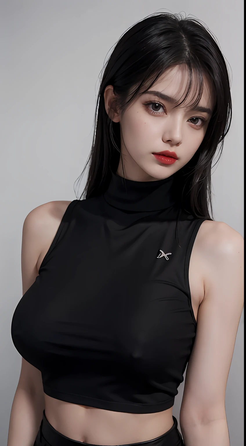 Girls, Bangs, Bare Shoulders, Black Pants, Breasts, Breasts squeezed together, Grey background, Hair between the eyes, Huge breasts, Long hair, View Viewer, Pants, Parted lips, Red eyes, Shirt, Simple background, Sleeveless, Sleeveless shirt, Solo, Turtleneck, V arm, White hair,(Shiny skin),(Masterpiece:1.4),(Best quality:1.4),,Facigirl,Red lips,Perfect abs, belly button, (nipple: 1.5), (sheer areola), nipple, huge, sweat,