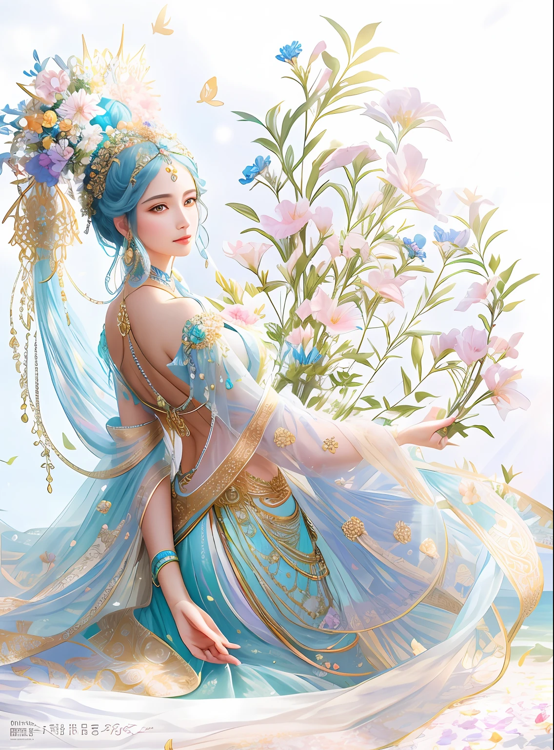 There are My Fair Lady,Fair smooth skin，flowers in full bloom，It is beautiful and delicate, Gold ornaments，Turquoise decoration，Various gemstones，No clothes，beautiful  flowers，Goddess. Extremely high detail, extremely detailed goddess shot, Extremely detailed flower goddess,Blue sky，The background of the character has a light rainbow aperture， hyper HD，psychedelic goddess, goddess art, Beautiful digital artwork, Beautiful goddess，tmasterpiece，4K，Realiy，photorealestic，professional photoshooting，超高分辨率，