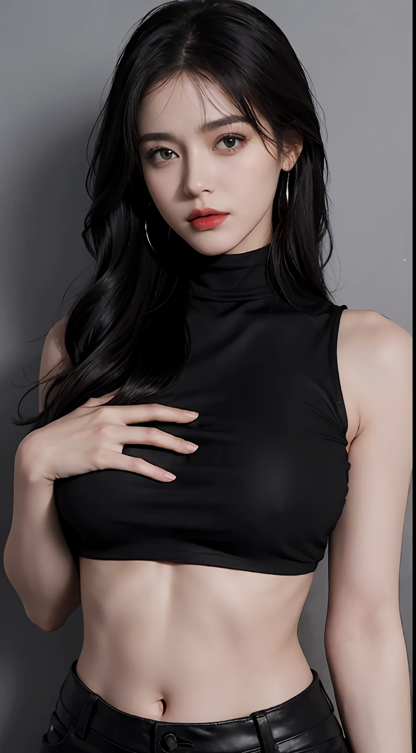 Girls, Bangs, Bare Shoulders, Black Pants, Breasts, Breasts squeezed together, Grey background, Hair between the eyes, Huge breasts, Long hair, View Viewer, Pants, Parted lips, Red eyes, Shirt, Simple background, Sleeveless, Sleeveless shirt, Solo, Turtleneck, V arm, White hair,(Shiny skin),(Masterpiece:1.4),(Best quality:1.4),,Facigirl,Red lips,Perfect abs, belly button, (nipple: 1.5), (sheer areola), nipple, huge, sweat,