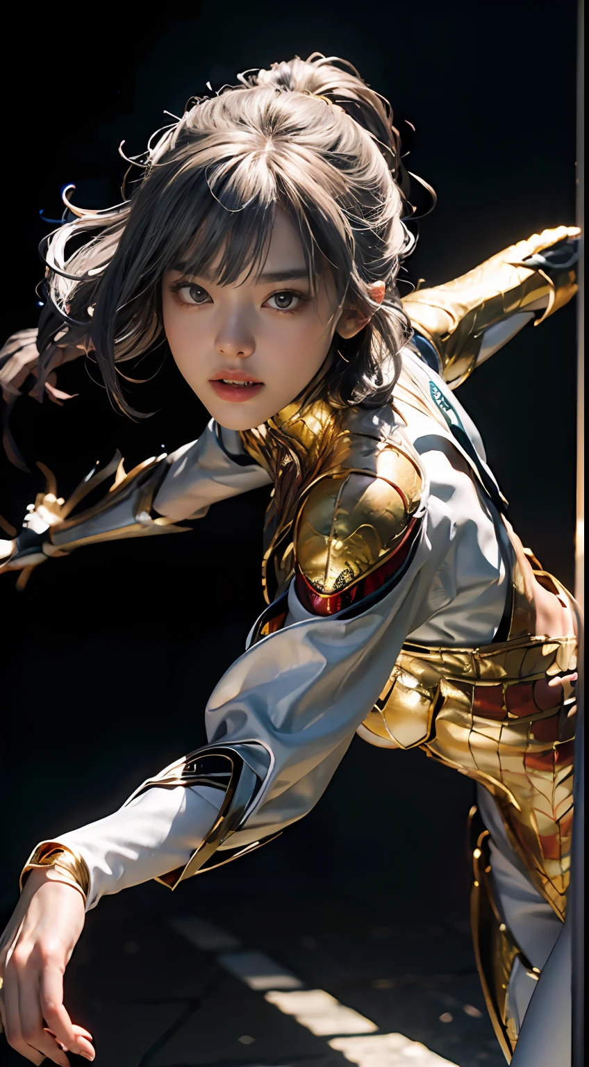 (Extreme Detail CG Unity 8K wallpaper、​masterpiece、top-quality)、(exquisite lighting and shadow、highly dramatic picture、cinematic lens effects)、Cute girl in gold and white Spider-Man costume、Silver-gray hair color、Spider-Man Parallel Universes、Wenger、Marvel、spider-man、Dynamic and dynamic poses)、(excellent details、Outstanding lighting、wide angles)、(Excellent rendering、Enough to stand out in its class)、 Gold and white Spider-Man costume、Focus on complex spider textures