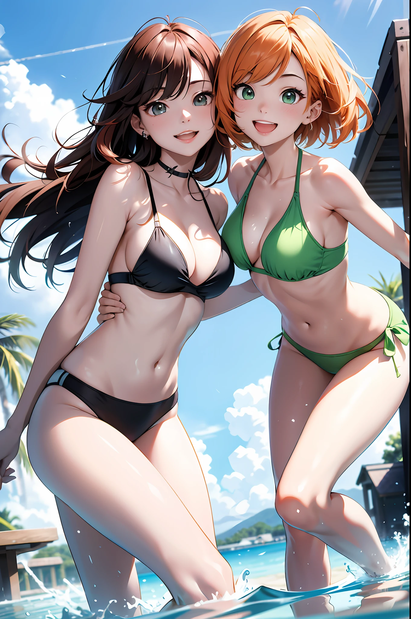 (top-quality、in 8K、32K、masterpiece、nffsw、超A high resolution、Impresionismo、Photorealsitic:1.2)、Full body, swimming pools、beauitful face、blurry backround、18 year old beautiful girl、shinny skin、beautiful orange hair、Green eyes、Bikini swimwear、raise arms、Curve、Dynamic Poses、Smile with open mouth、Two girls、
